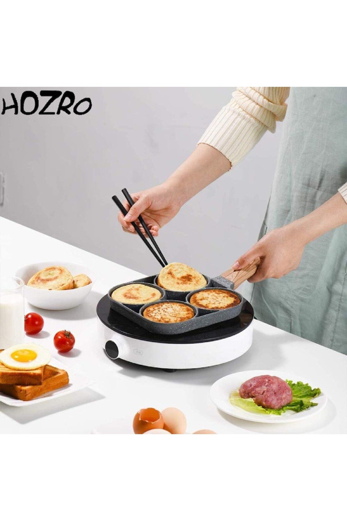 HOZRO-Multifunctional Pan HOZRO with Four Forms, Non-stick, Wooden Handle - Ideal for Omelettes, Pancakes, 3