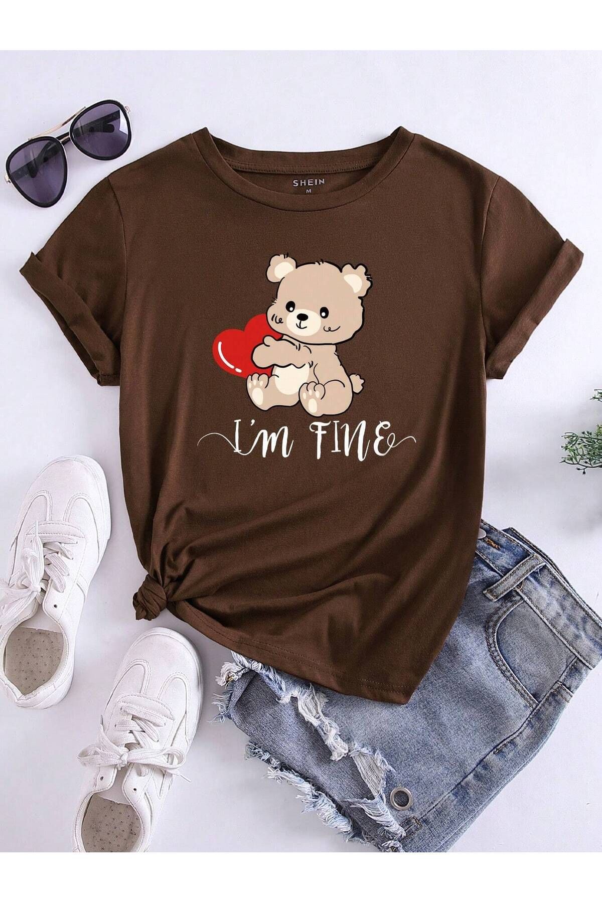 aynewmoda Ayı ve logo grafikli, rahat, kısa kollu, yuvarlak yakalı tişört