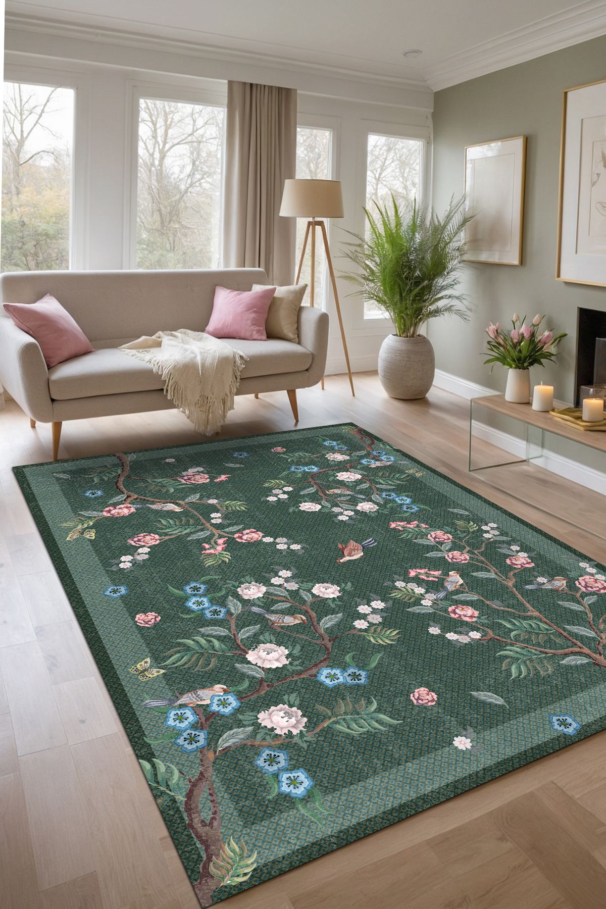 AIDA HOME Groos Floral Desenli Pamuk Tabanlı Yıkanabilen Kaydırmaz Antibakteriyel Şönil Salon Halısı