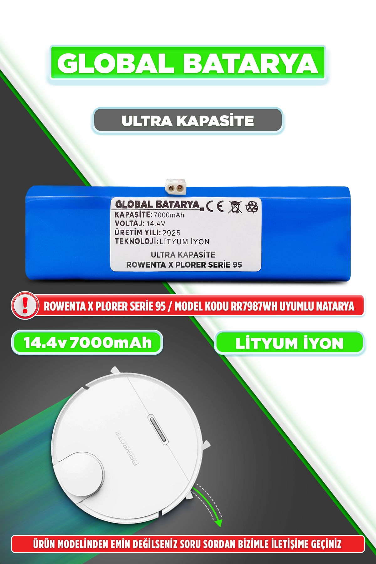 GLOBAL BATARYA Rowenta X Plorer Serie 95 Uyumlu Batarya 14.4v 7000mAh Li-ion Pil (Ultra Kapasite)