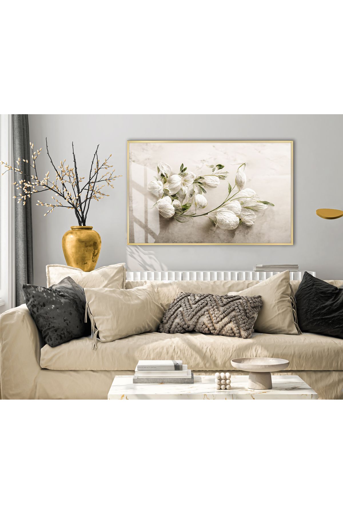 Harikabirev HARİKABİREV|WHITE| ÇİÇEK MODELİ (FLORAL)|ÇERÇEVELİ TEMPERLİ CAM TABLO TEKLİ YATAY