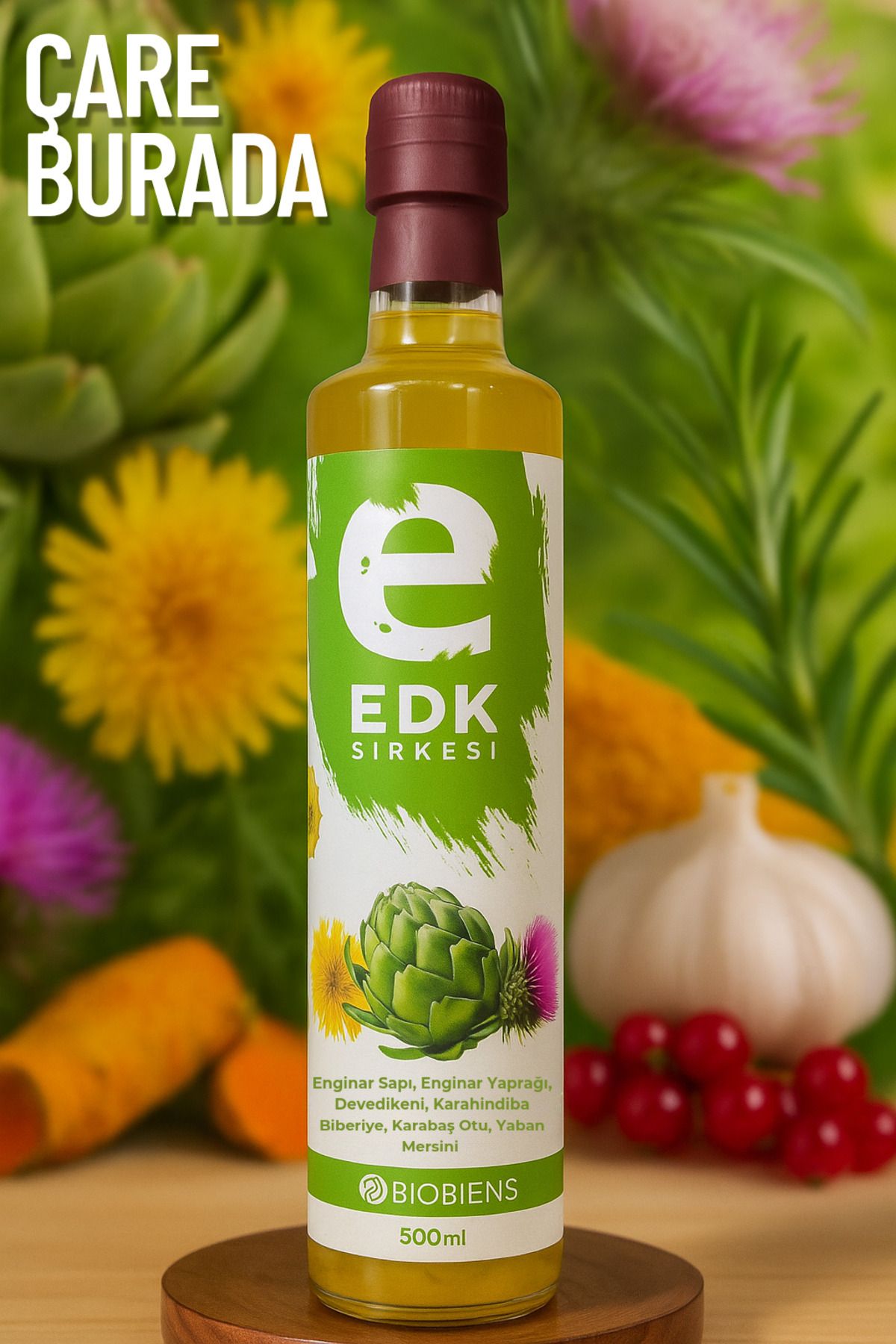 Çare Burada Enginar & Devedikeni & Karahindiba Sirkesi 500 ml (Biberiye, Karabaş Otu, Yaban Mersini)