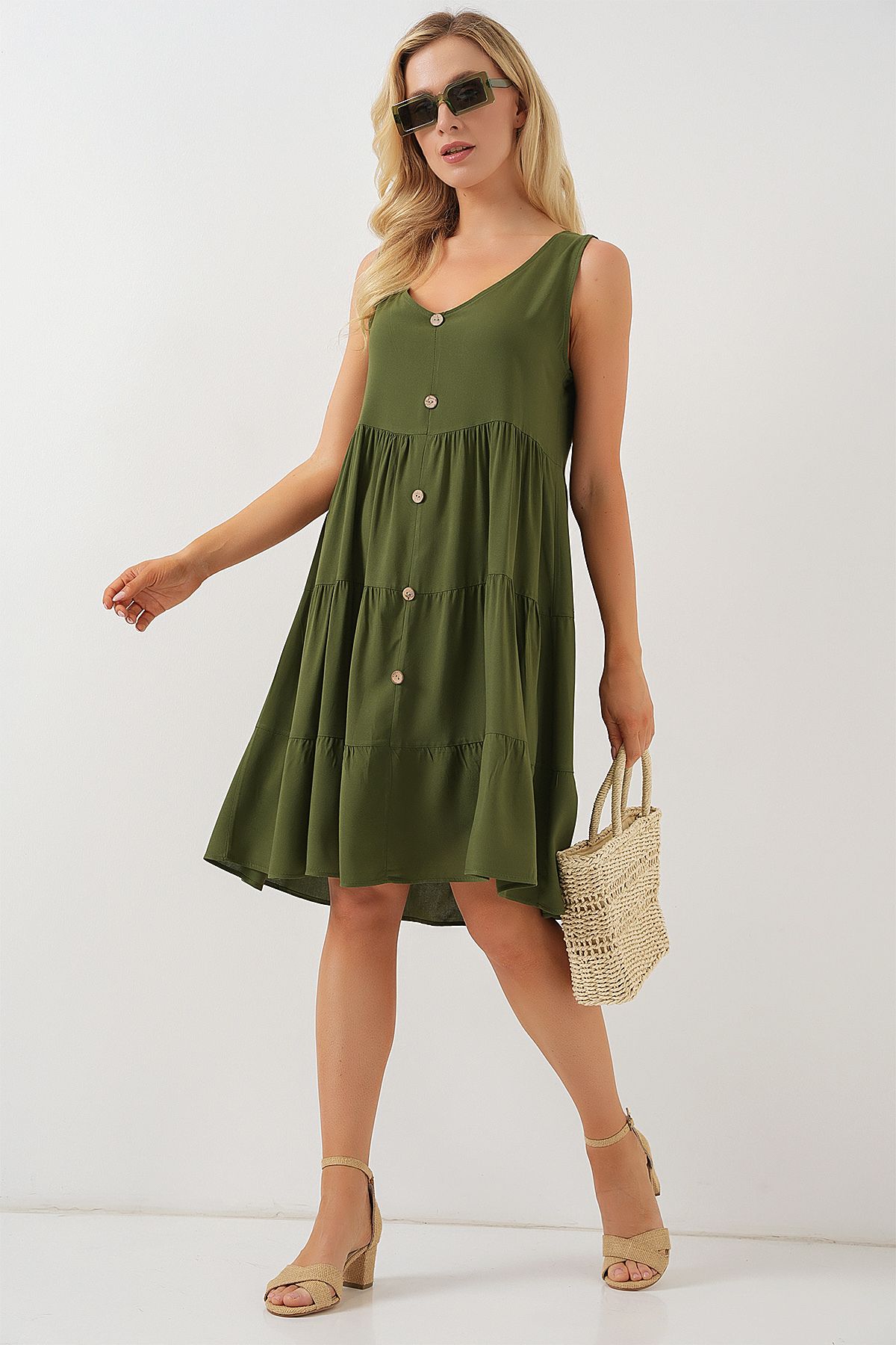 Bigdart-Damen-Kurzkleid mit Null-Manschettenknöpfen 2571 – Khaki 3