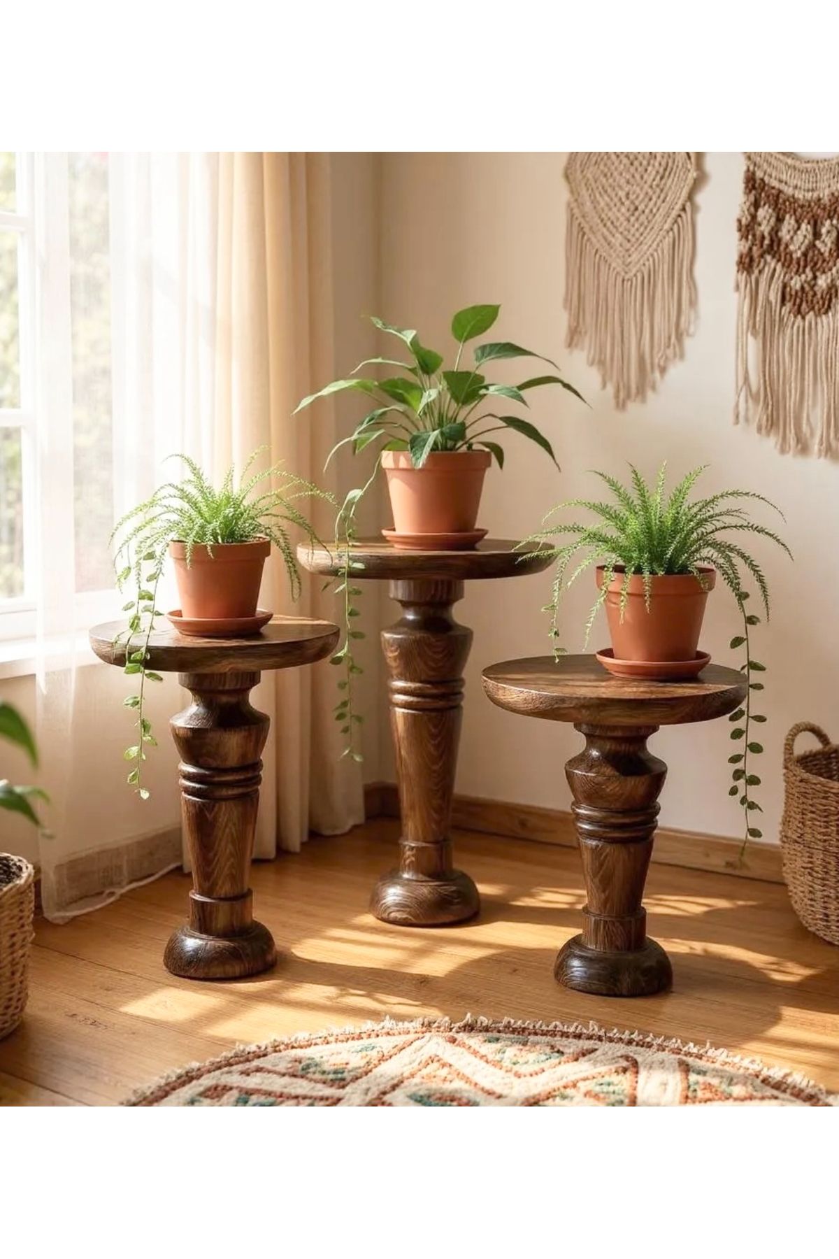 ASELYA HOME Doğal Ahşap 3’lü Set Mantar Yan Sehpa Modern Fiskos Zigon Çiçeklik