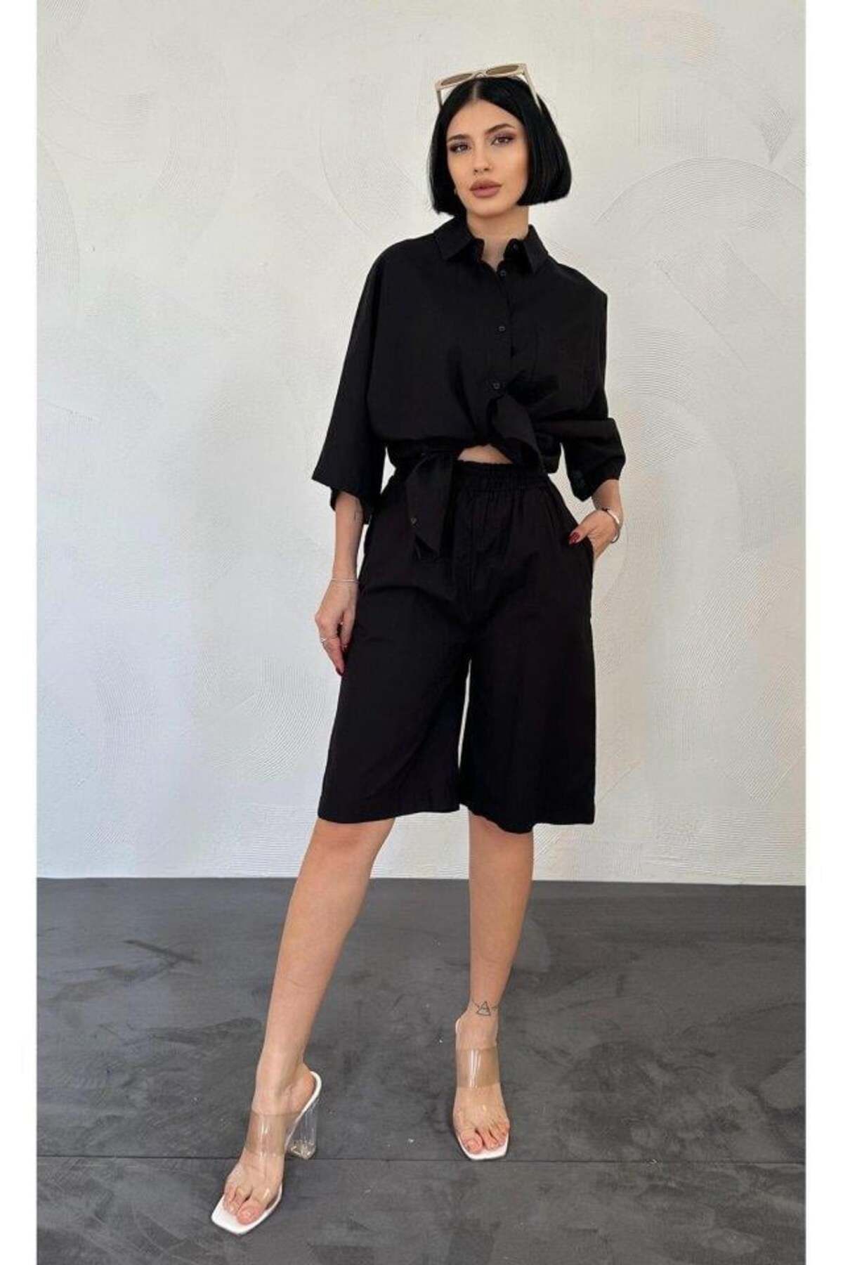 MAREANDPANDA Siyah Kısa Kollu Keten Gömlek Ve Şort Takım
