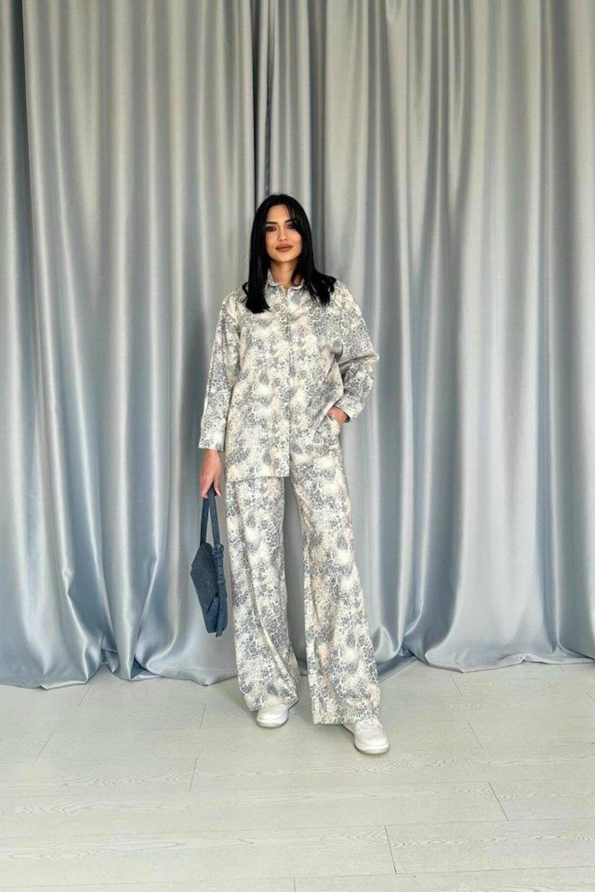 MAREANDPANDA Gri Leopar Desenli Ceket Ve Pantolon Keten Takım