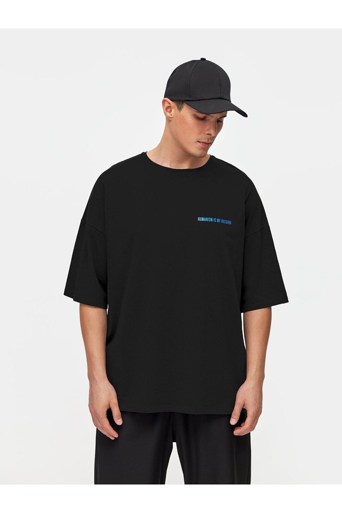 ELNOYA Unisex Pamuklu Siyah Oversize "Humanisim Is My Religion" Baskılı Bisiklet Yaka Rahat T-shirt