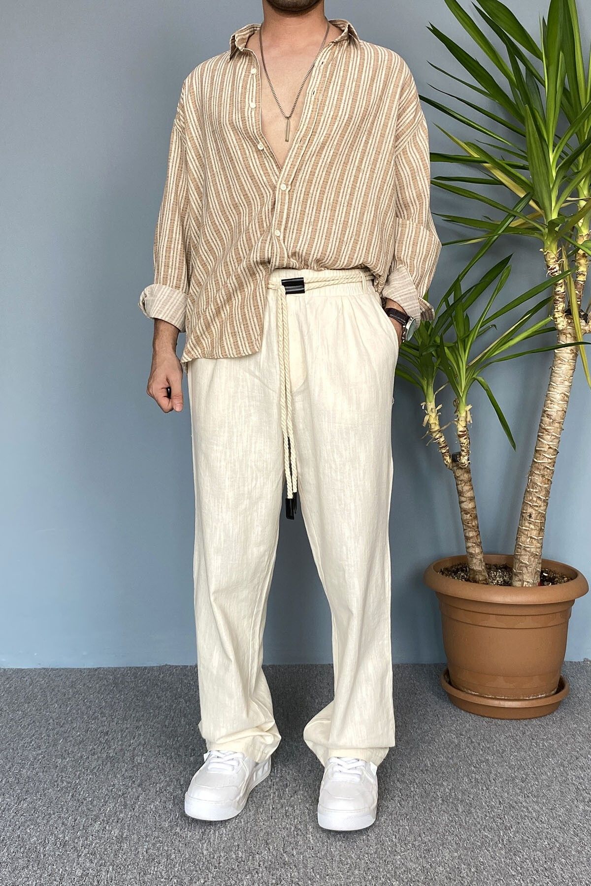 Alışveriş Sokağı Rahat Kesim Keten Kumaş Bağcıklı Baggy Pantolon