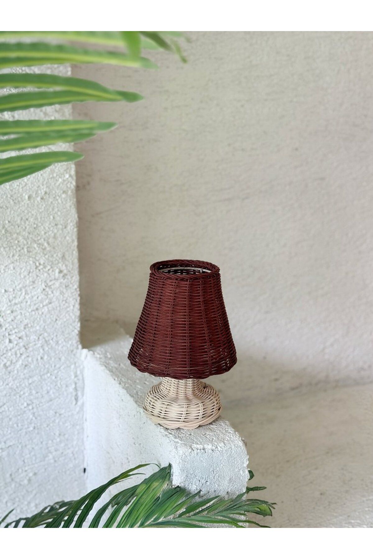 Maison Avf Kahverengi Rattan & Bambu Masa Üstü Kablosuz Pilli Abajur Alt- Üst Rattan Masa Lambası