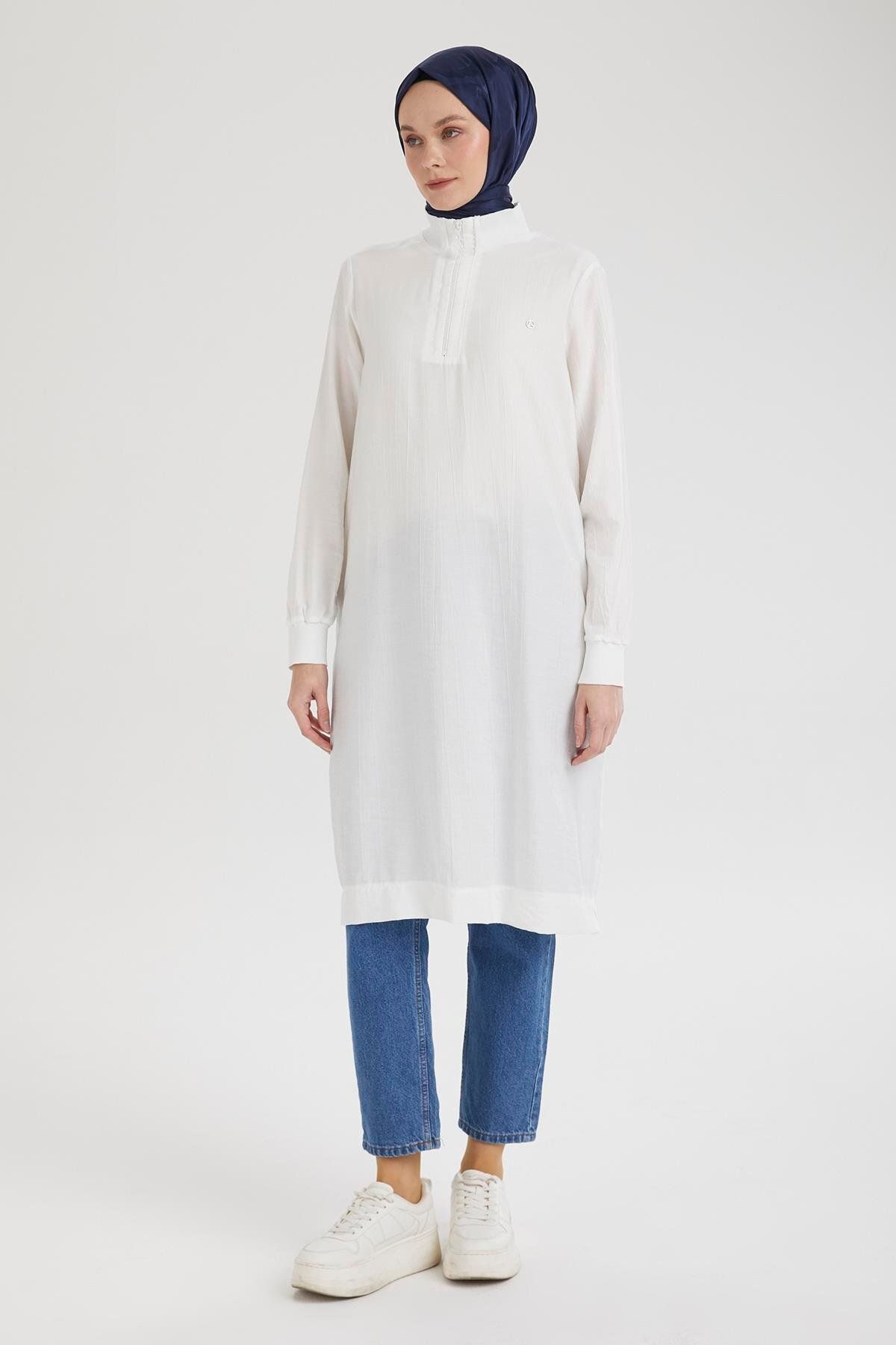 Armine TREND ARMİNE TREND Yarım Fermuarlı Kolları ve Yakası Ribanalı Tunik-Ekru-25YT433