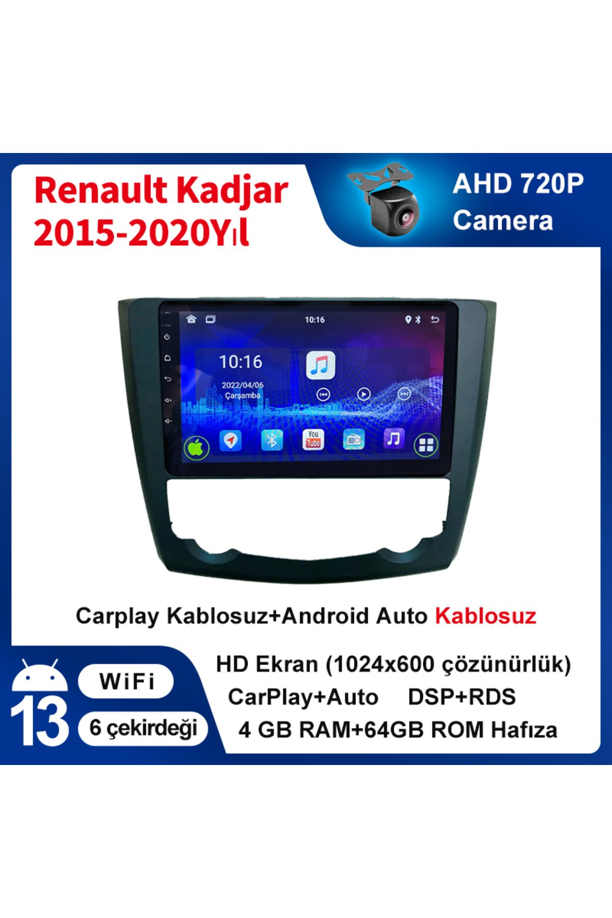 CONION Renault Kadjar 2015-2020yıl Uyumlu 4gb Ram 64gb Rom Multimedya Kablosuz Carplay Navigasyon Kamera