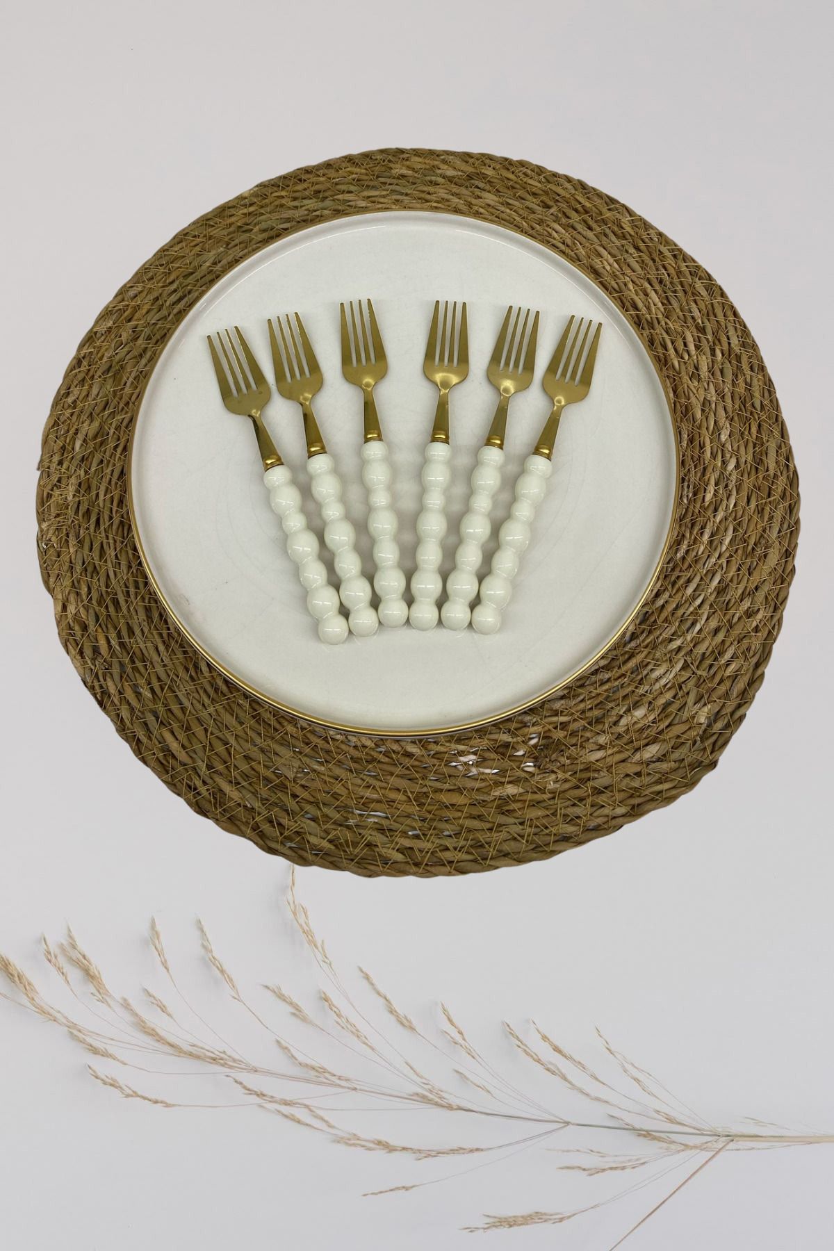 AKDAG HOME 6 Adet Beyaz Plastik İnci Taş Detaylı Gold Tatlı Çatal Takımı | 6 Parça Lüks Tatlı Çatal Takımı