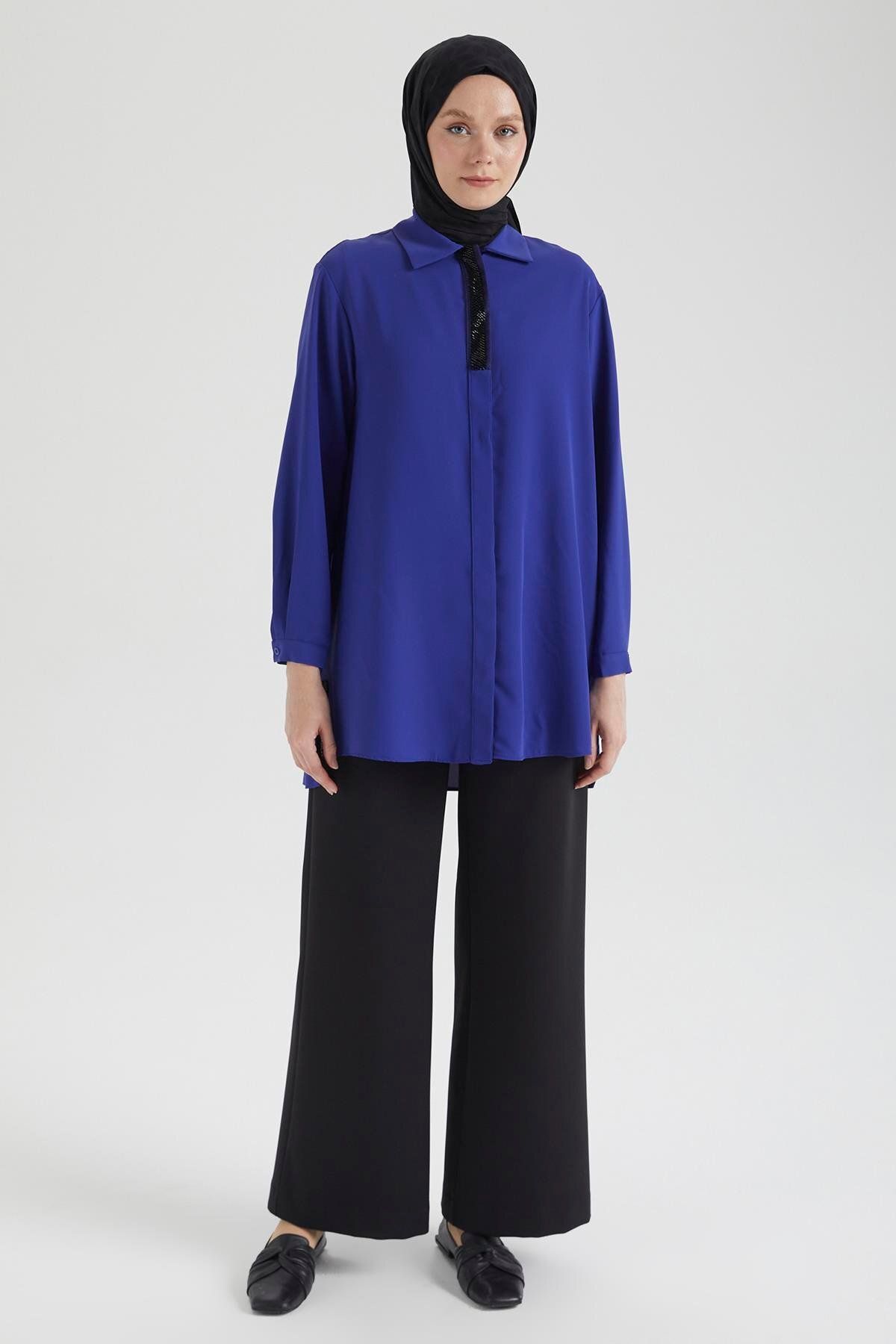 Armine TREND ARMİNE TREND Çıt Çıt ve Düğmeli Gömlek Yaka Tunik-Morcivert 25YT406