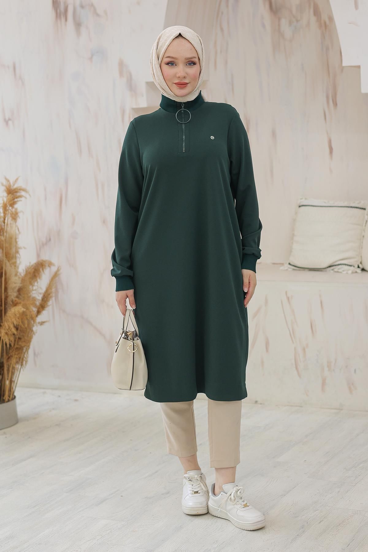 Armine TREND ARMİNE TREND Kolları Ribanalı Yarım Fermuarlı Tunik-Haki 24KT436