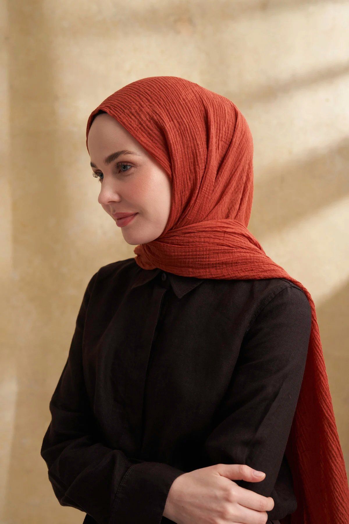 ARMANDA Müslin Yaprak Desen Şal 3351-85 Kiremit