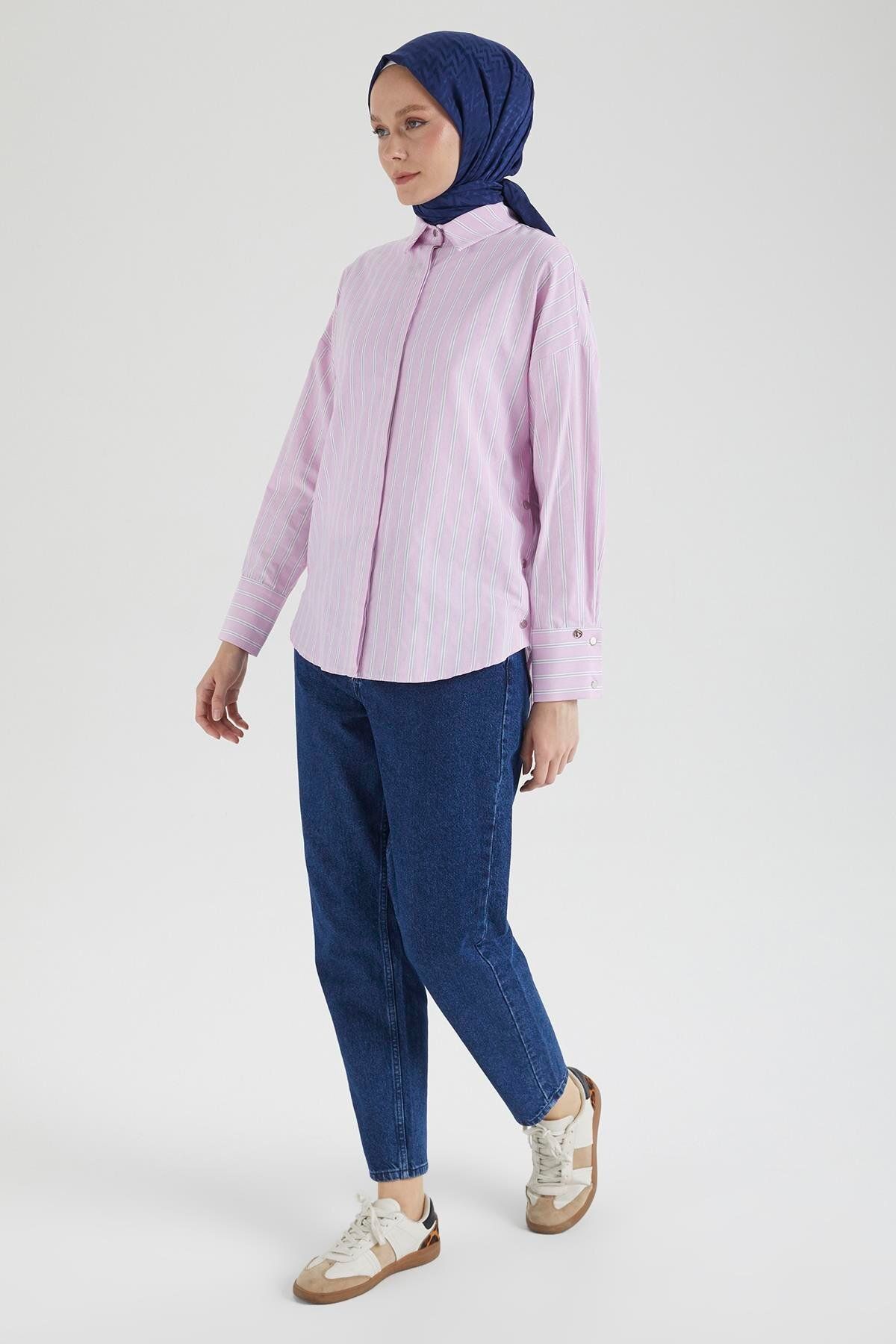 Armine TREND ARMİNE TREND Gömlek Yaka Düğmeli Yanları Çıt Çıt Detaylı Tunik-Pembe 25YT4103