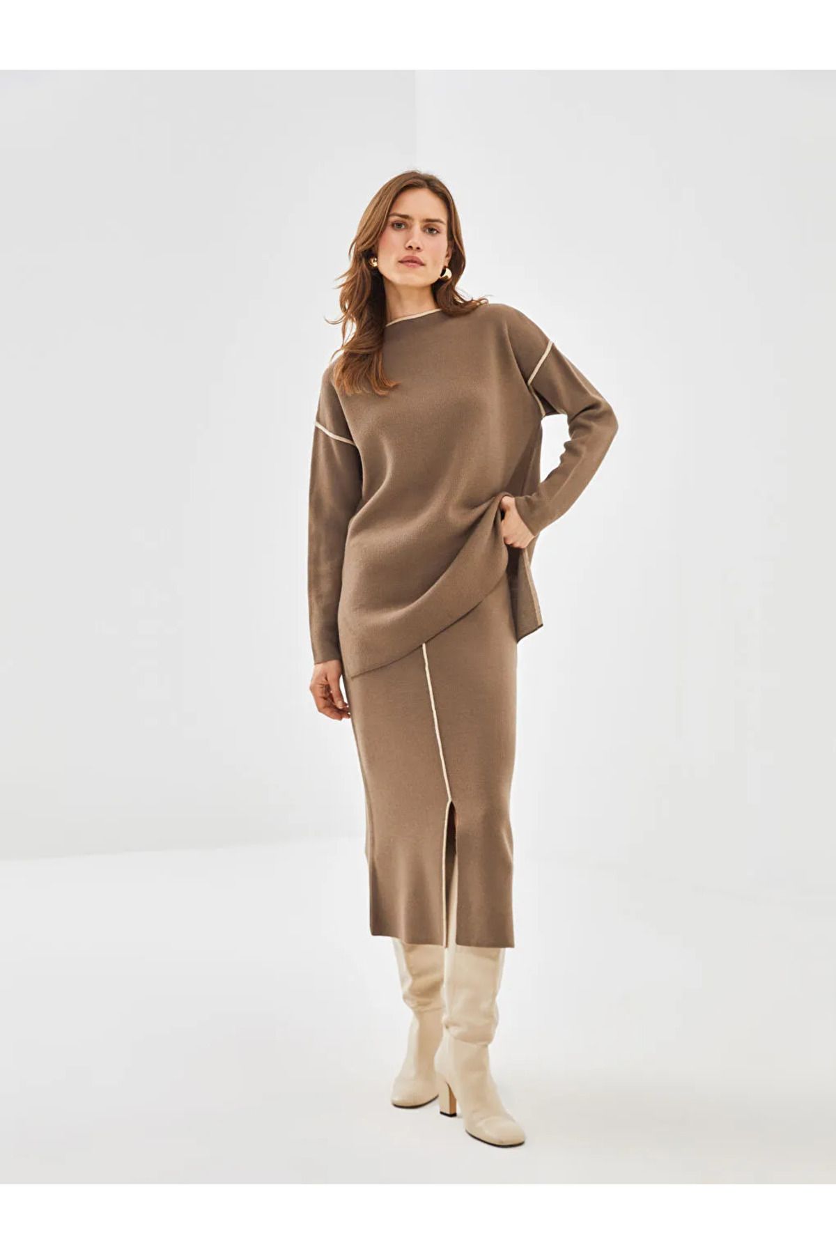 LC Waikiki LCWAIKIKI Classic Kahverengi Beli Lastikli Dar Fit Kadın Triko Etek