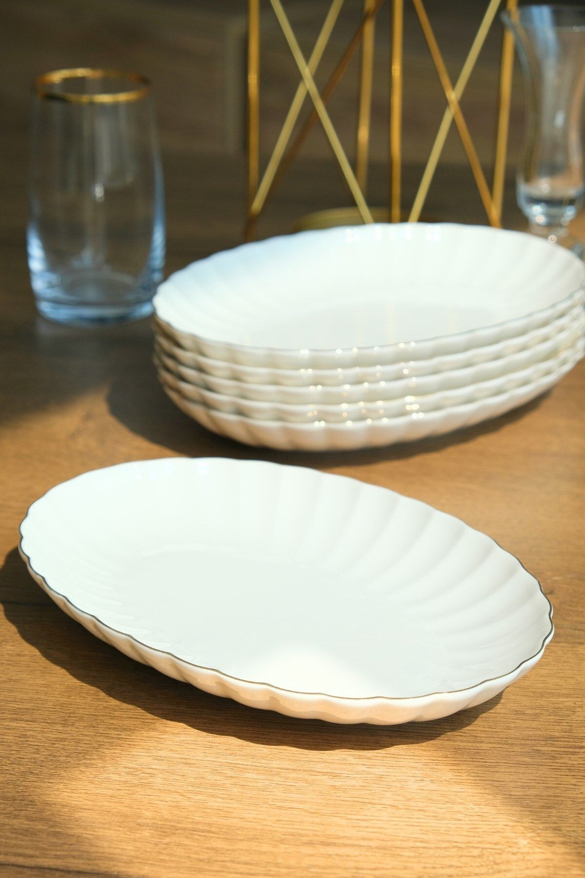Kütahya Porselen Bone Luz Altın File Kayık Tabak 24x17cm BNLZF24KY20 6 lı