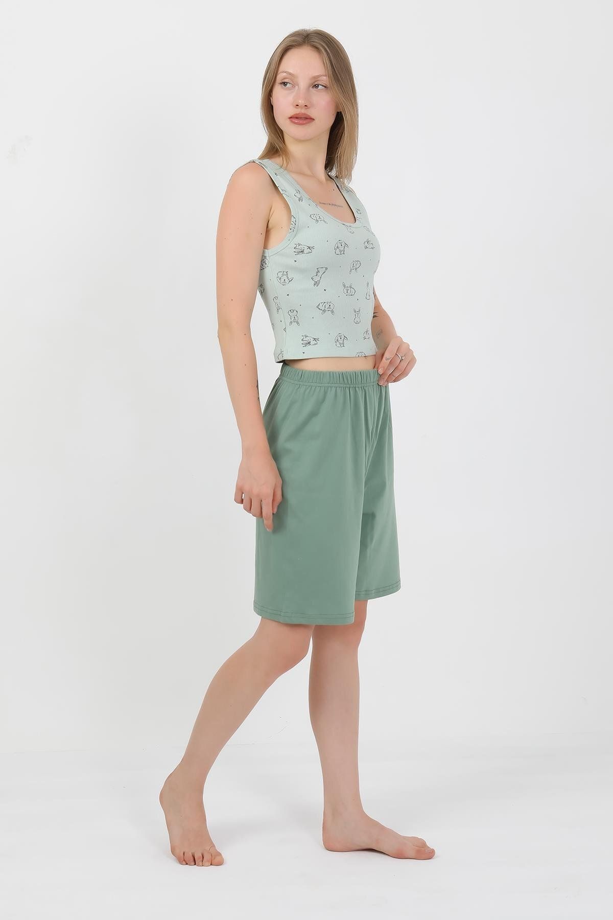 Akbeniz-Women's Thick Strap Cotton Combed Shorts Crop Suit Watergreen 3636 7