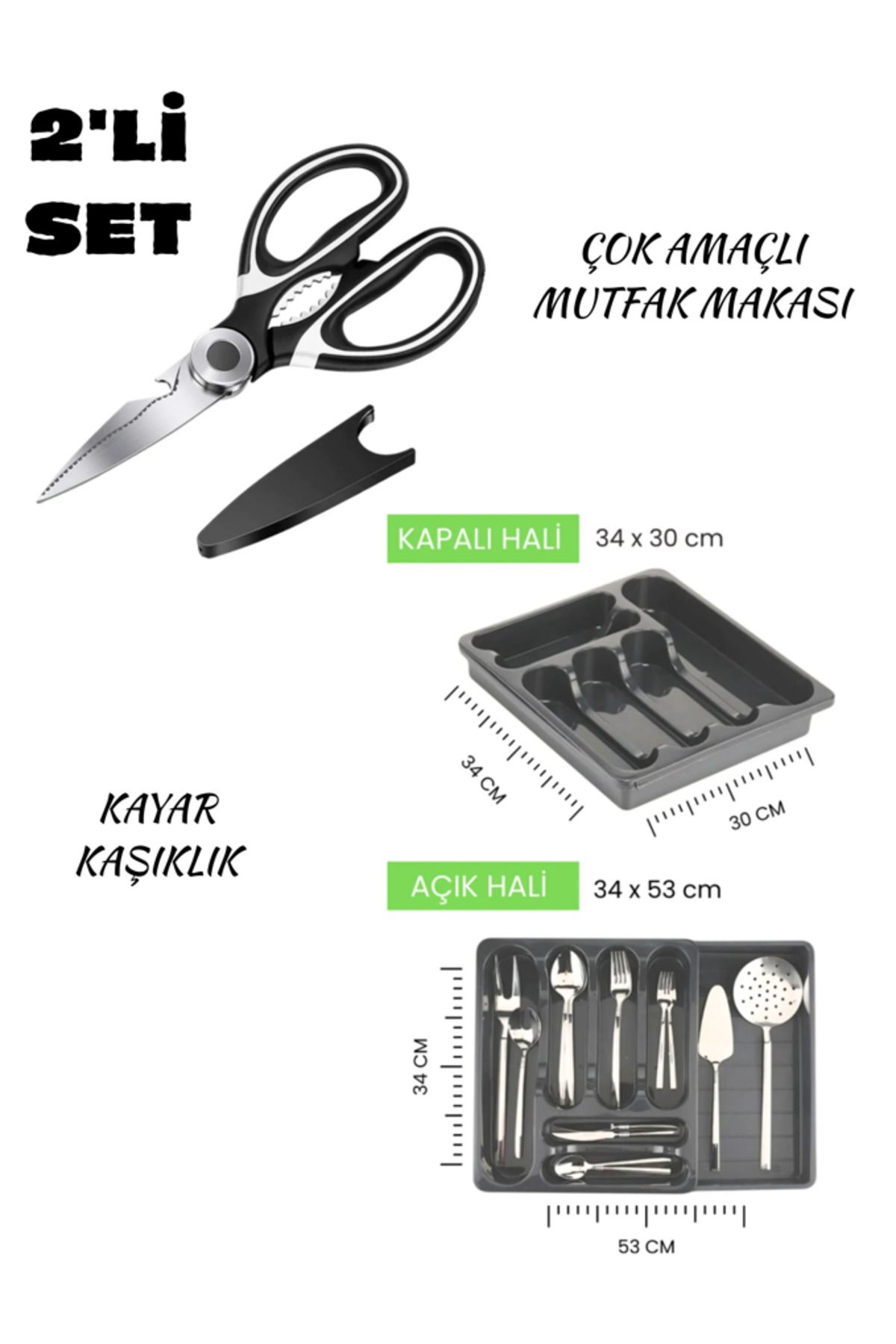 Hilamingo Home 2'li Mutfak Gereçleri Seti; Çok Amaçlı Mutfak Makası, Çekmece İçi Kayar Kaşıklık