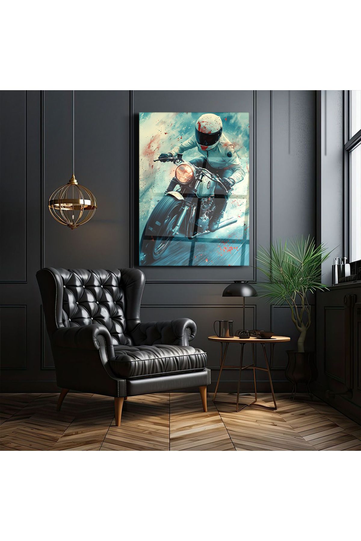 PoyKilArt Cam Tablo - Motorcu - Duvar dekorasyonu - Ofis dekorasyonu - Duvar tablosu - Motor - DK