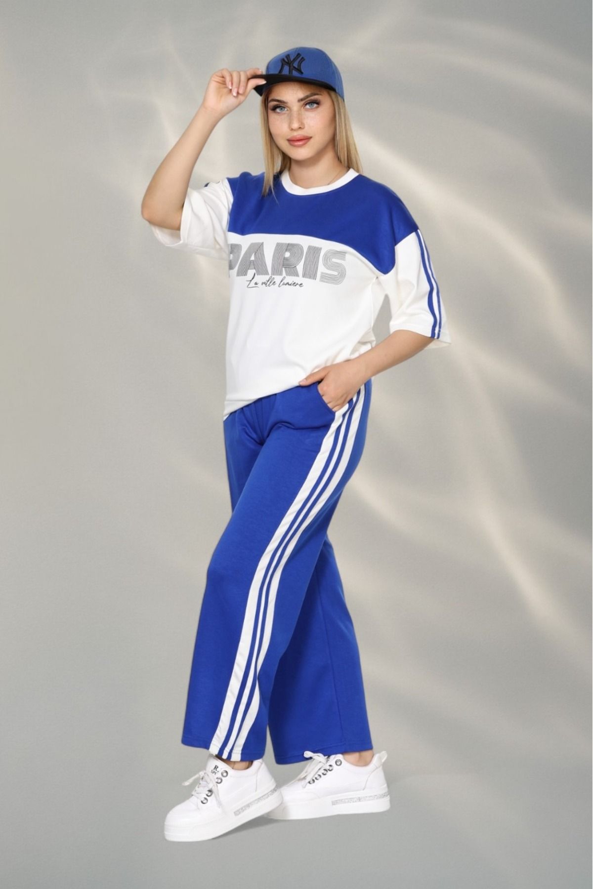 NEWCO paris temalı kumaş yumşak dokulu yan şeritli bluz ve pantolon alt üst takım