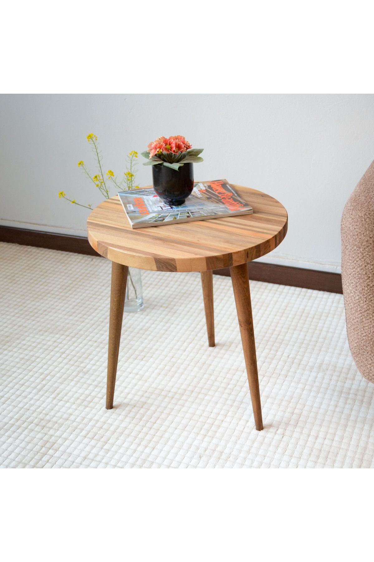 hwcfurniture Masif Ceviz Ahşap Yuvarlak Yan Sehpa - 50cm