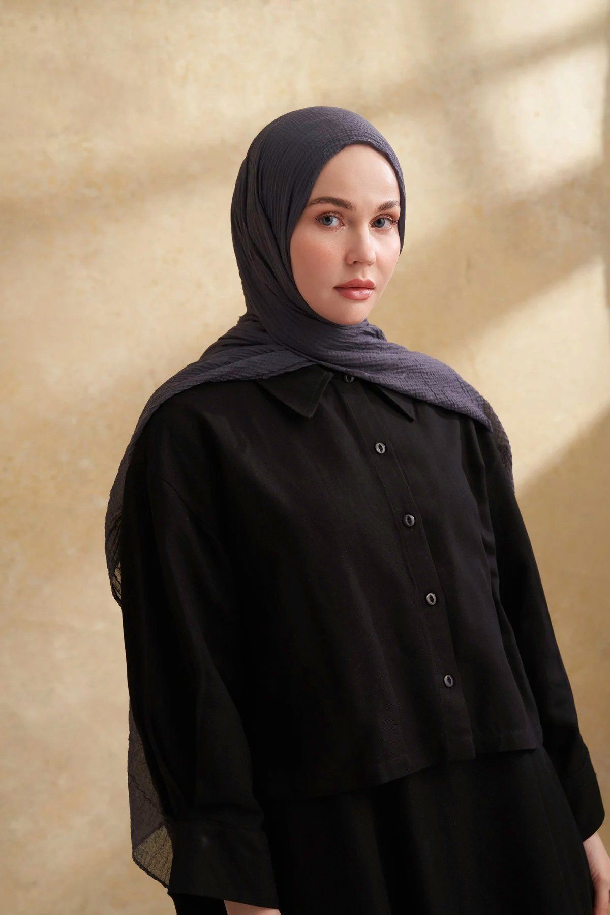 ARMANDA Müslin Yaprak Desen Şal 3351-515 Gri-Mavi