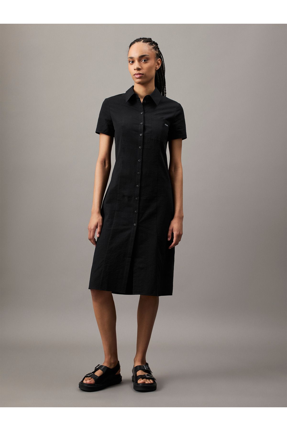Calvin Klein-Women Black Seersucker Button-Through Dress 6