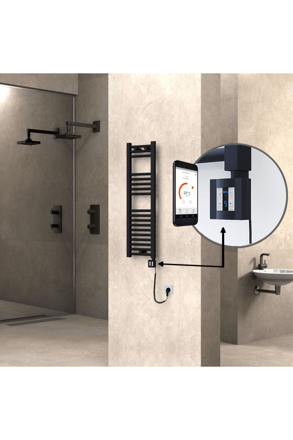 Radiva HAITI Elektirikli Havlupan 300x1000 Düz Siyah (KTX4 Termostat) 300W Spiral Kablolu
