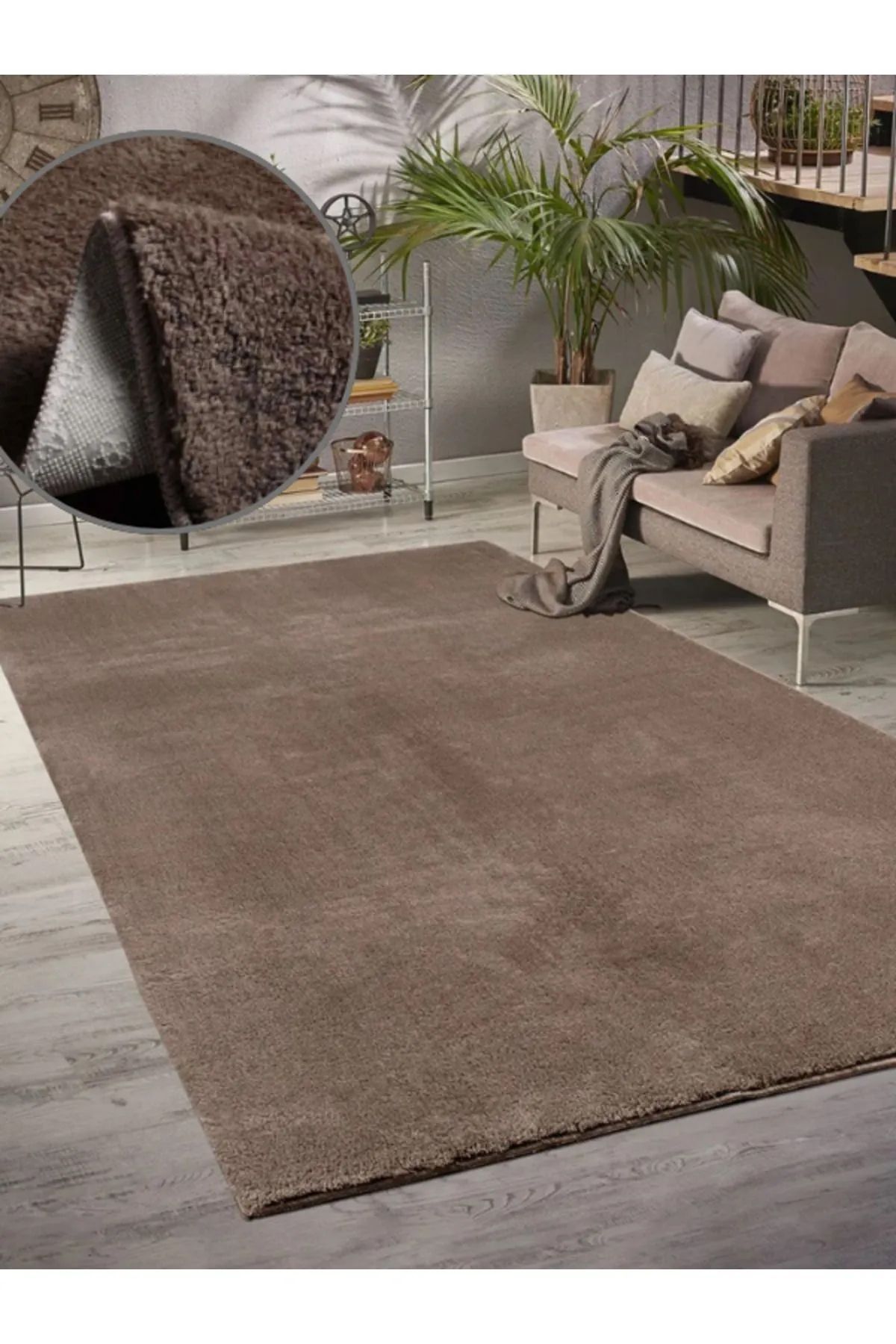 BSB HOME LİVİNG Puffy Kahverengi Saçaksız Peluş Yumuşacık Yıkanabilir Kaymaz Taban Halı Salon,Oturma Odası,Mutfak
