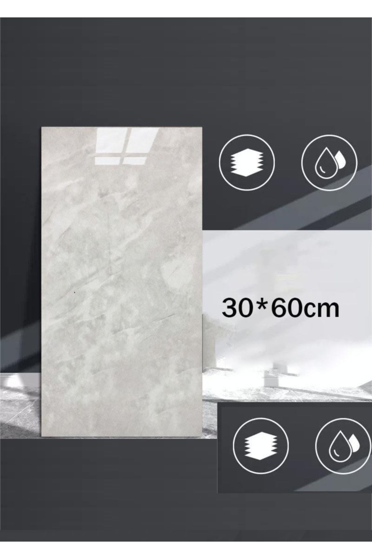 UKAB Kendinden Yapışkanlı Gri Mermer Desenli Pvc Karo Panel Banyo, Wc, Mutfak 30X60 Cm (0,18m²)