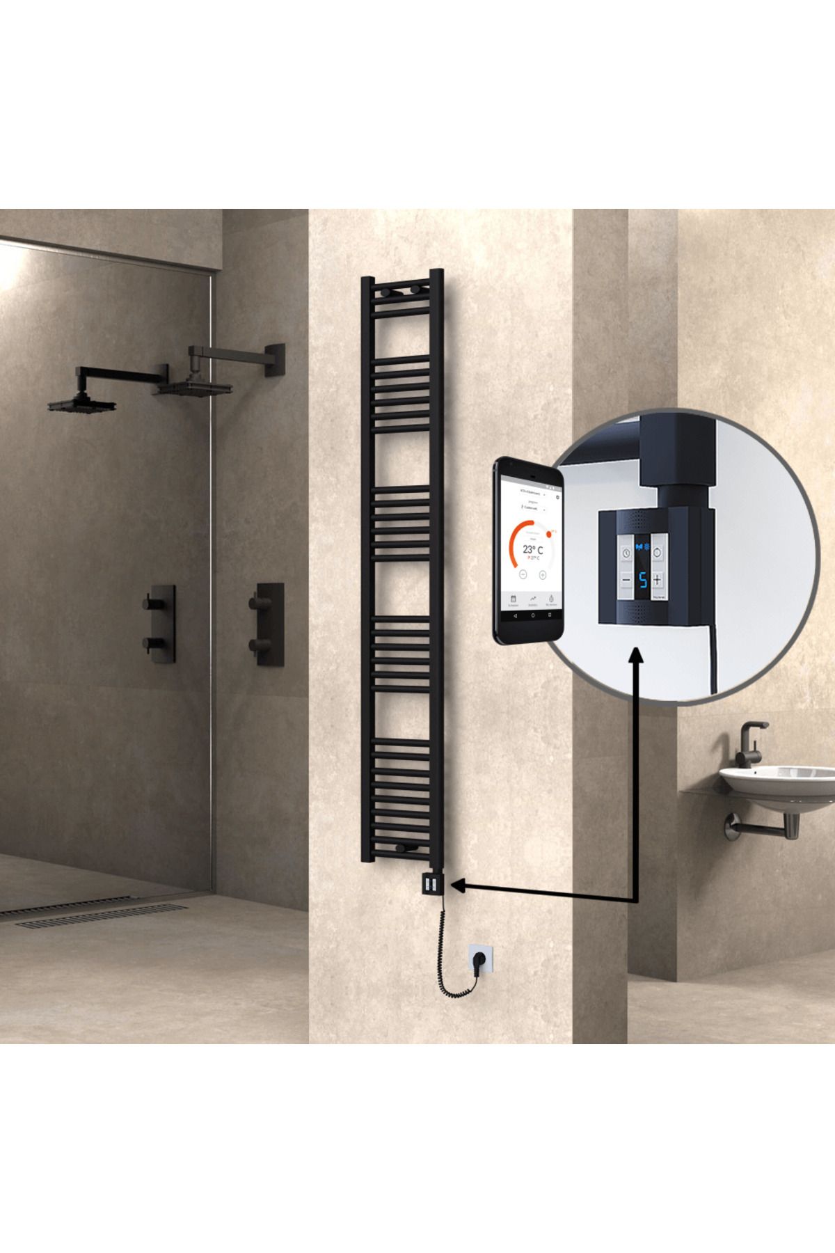 Radiva HAITI Elektirikli Havlupan 300x1800 Düz Siyah (KTX4 Termostat) 600W Spiral Kablolu
