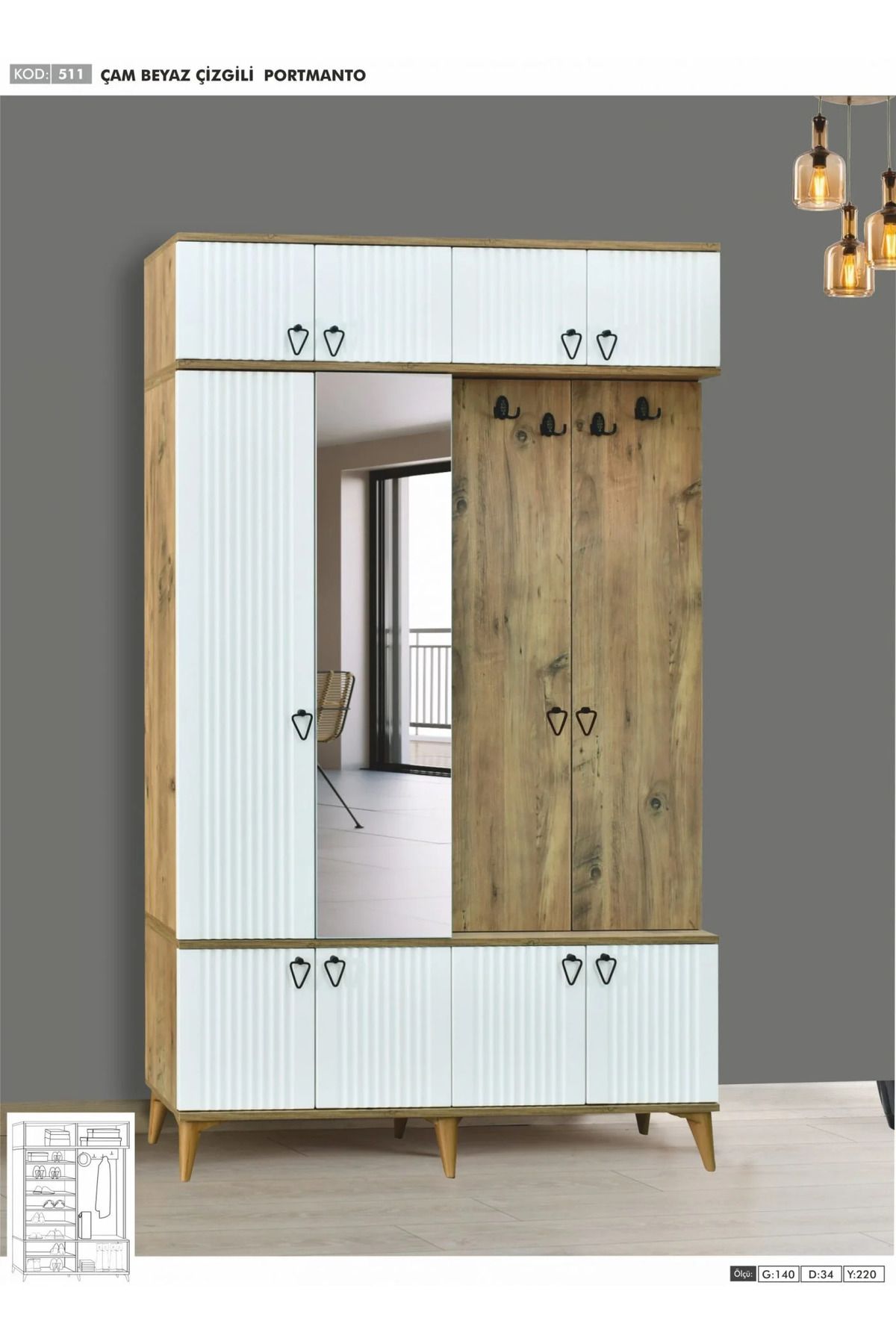 Yuvaset Home 11 Kapılı Aynalı Çam/Beyaz Çizgili Portmanto