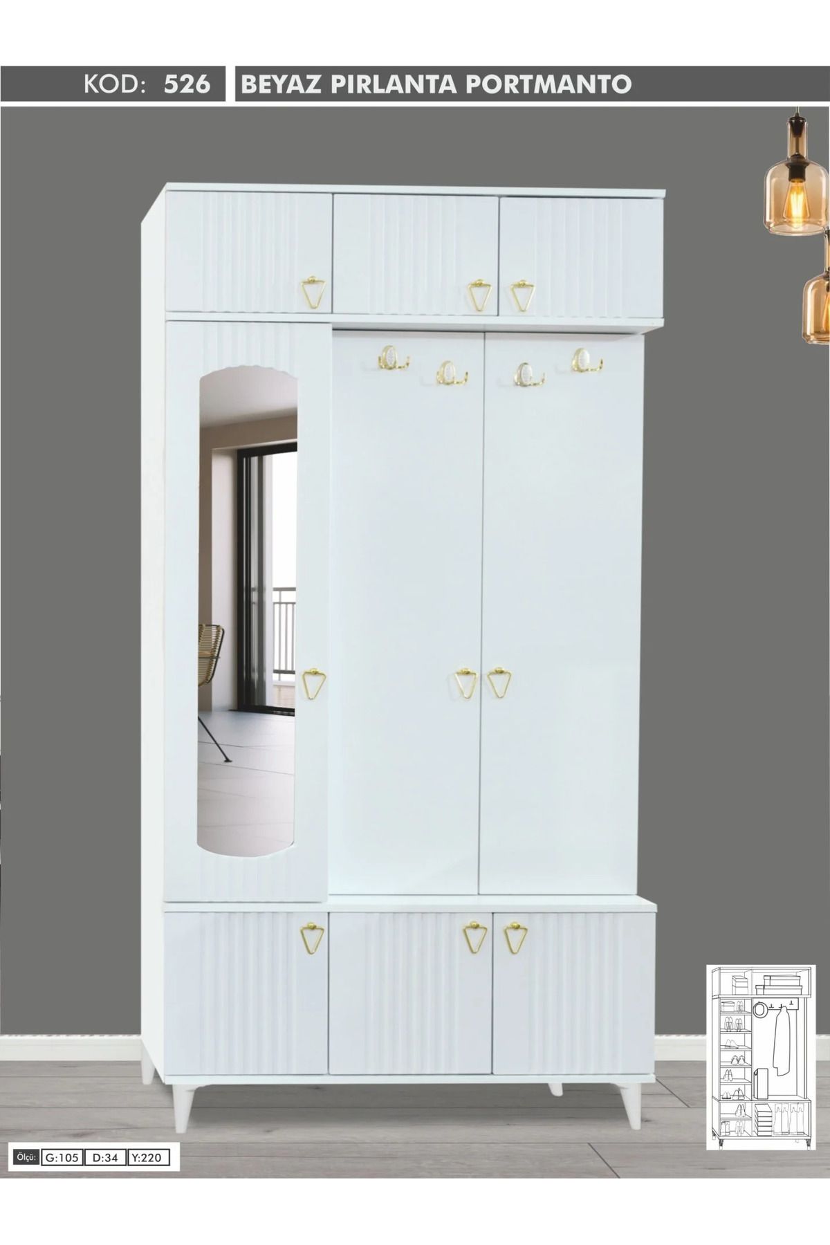 Yuvaset Home 9 Kapılı Aynalı Beyaz Çizgili Portmanto