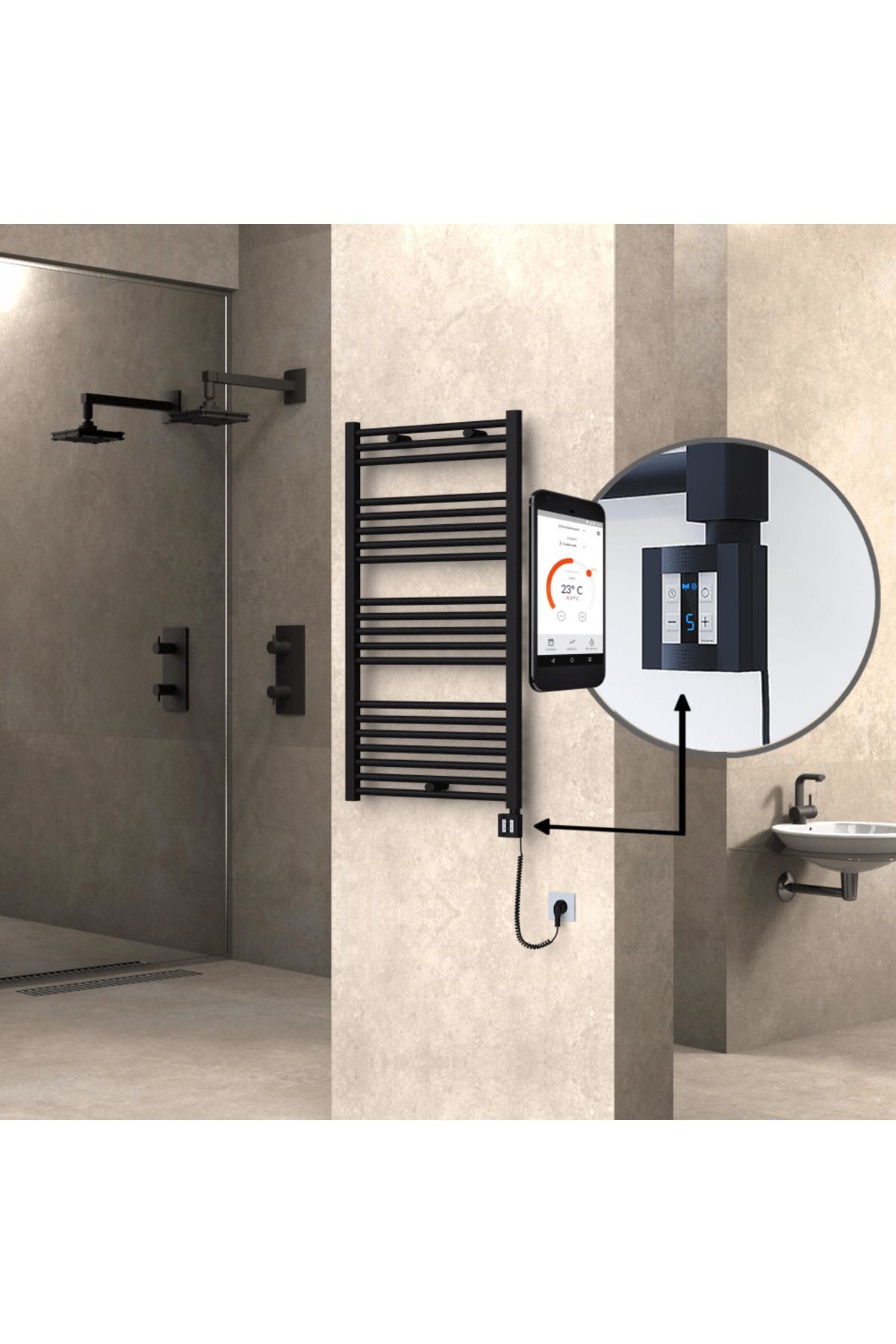 Radiva HAITI Elektirikli Havlupan 600x1100 Düz Siyah (KTX4 Termostat) 600W Spiral Kablolu