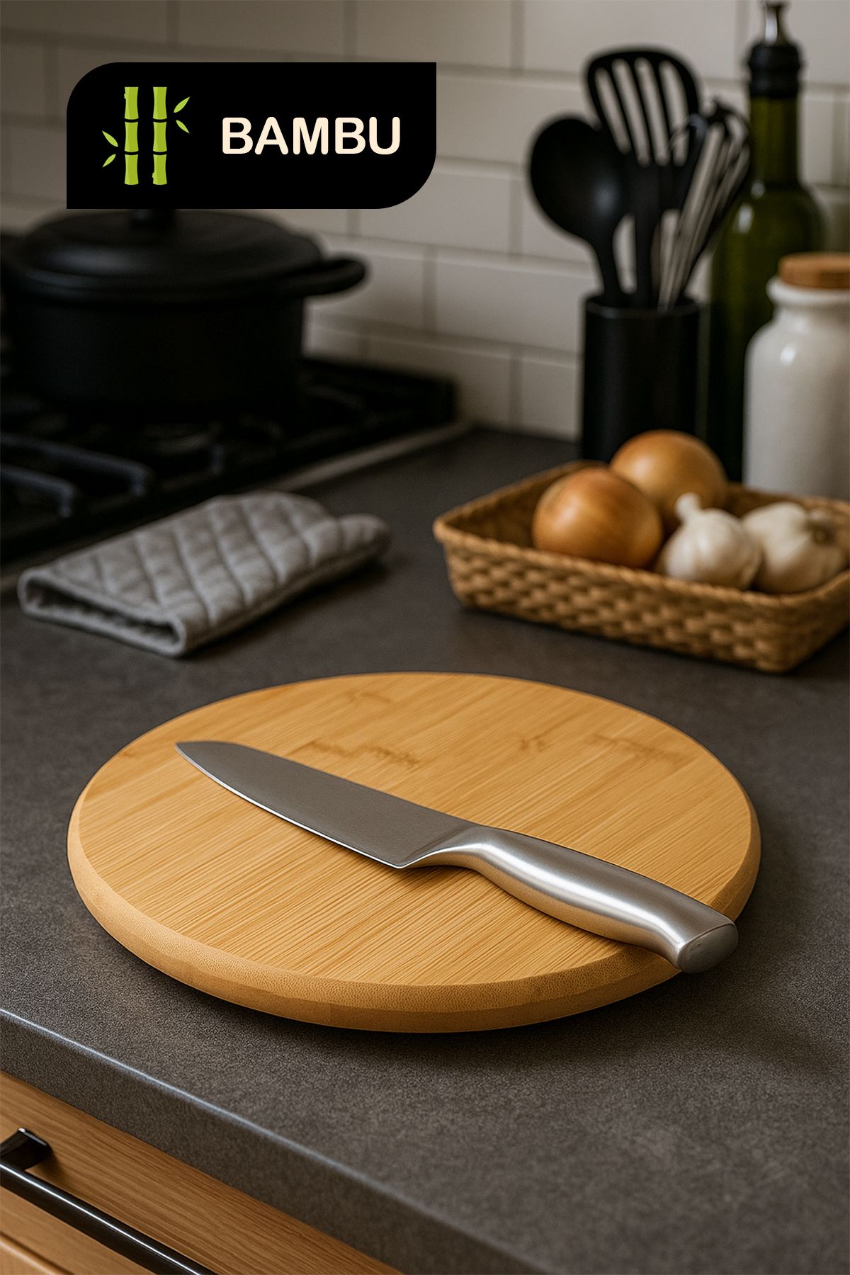 Fesya Home Bambu Yuvarlak Sunum ve Kesme Tahtası 25cm Ayaklı Tasarım
