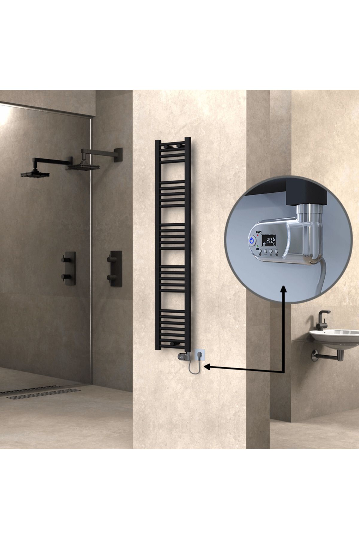 Radiva HAITI Elektirikli Havlupan 300x1500 Düz Siyah (Thesis Termostat) 600W