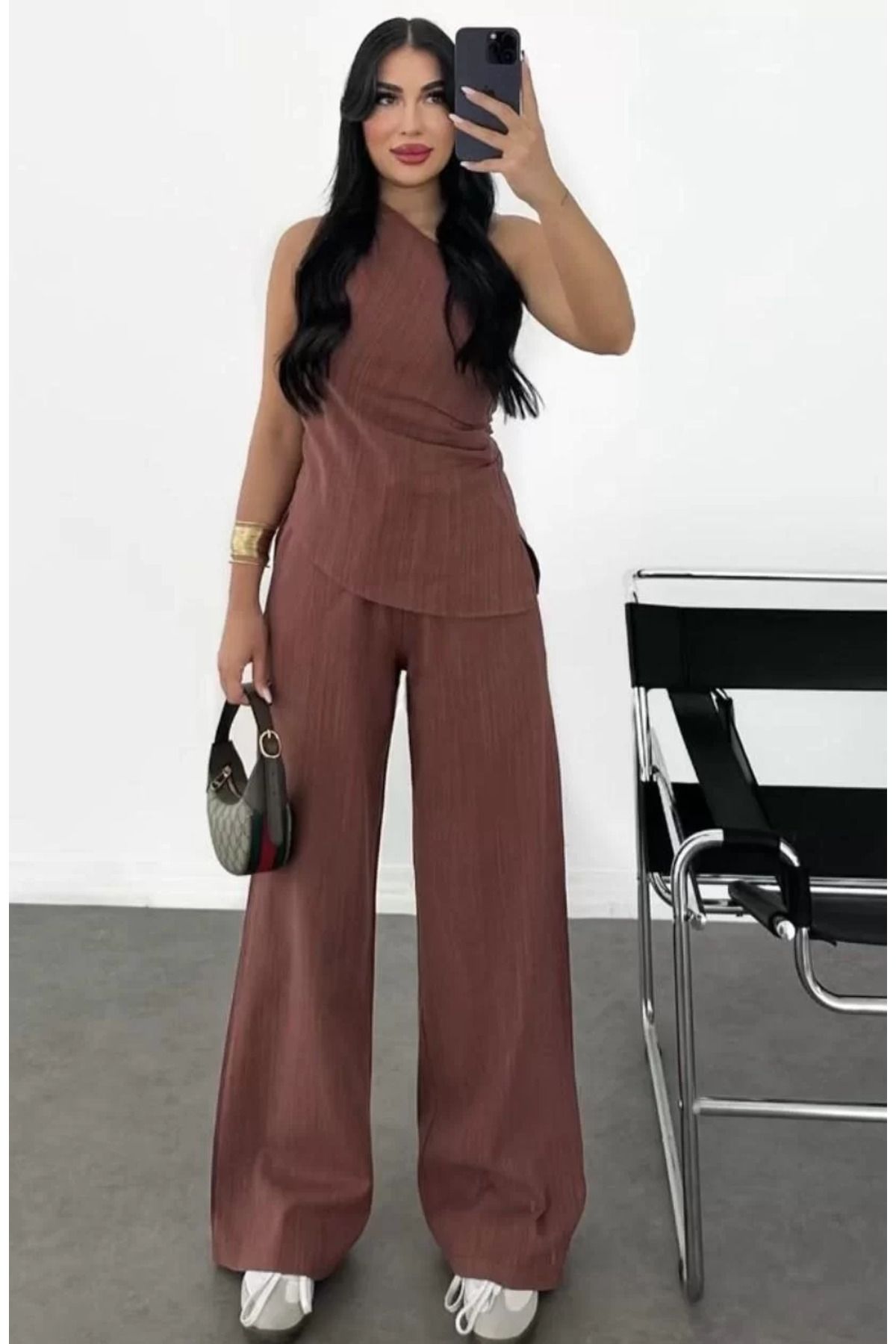 C&Z Collection Kadın Keten Asimetrik Tek Omuzlu Bluz Pantalon Takım- Bordo