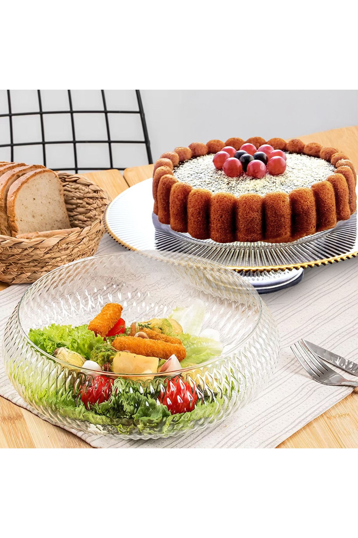 Nesnel Gift Rustik Salata Kasesi - Büyük Boy 26 cm ve Ayaklı Pasta Kek Standı 33 cm
