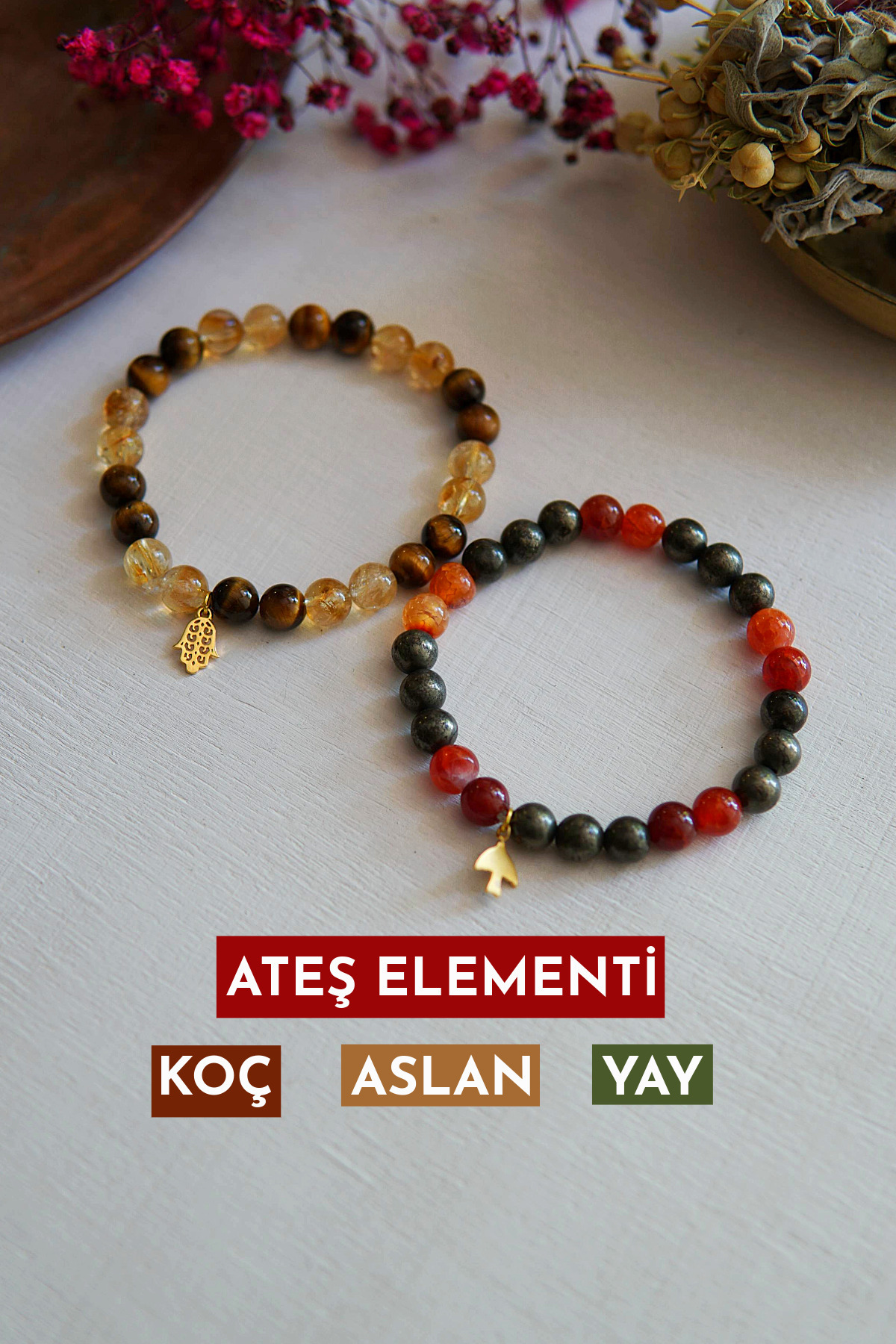 2-Piece Natural Stone Bracelet Set – Citrine Agate Pyrite Tiger Eye | Fire Element Koç Aslan For Sagittarius