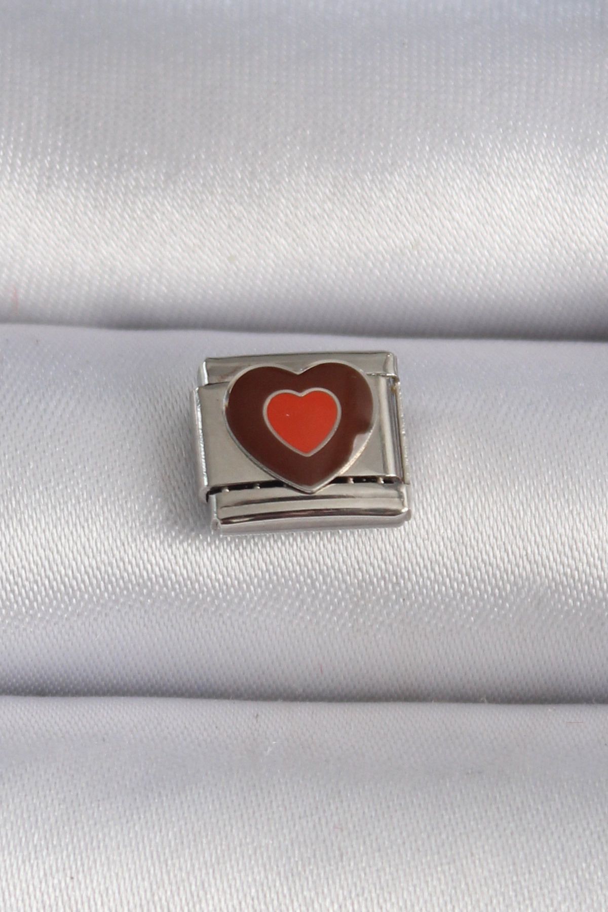 MR RZN STORE 316L Çelik Gümüş Renk Kahverengi Kalp İşlemeli Nomination Charm
