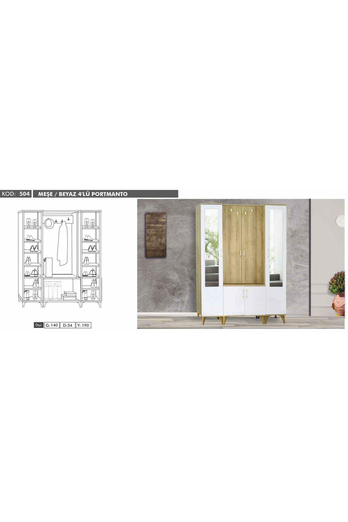Yuvaset Home 6 Kapılı 2 Aynalı Çam/Beyaz Portmanto