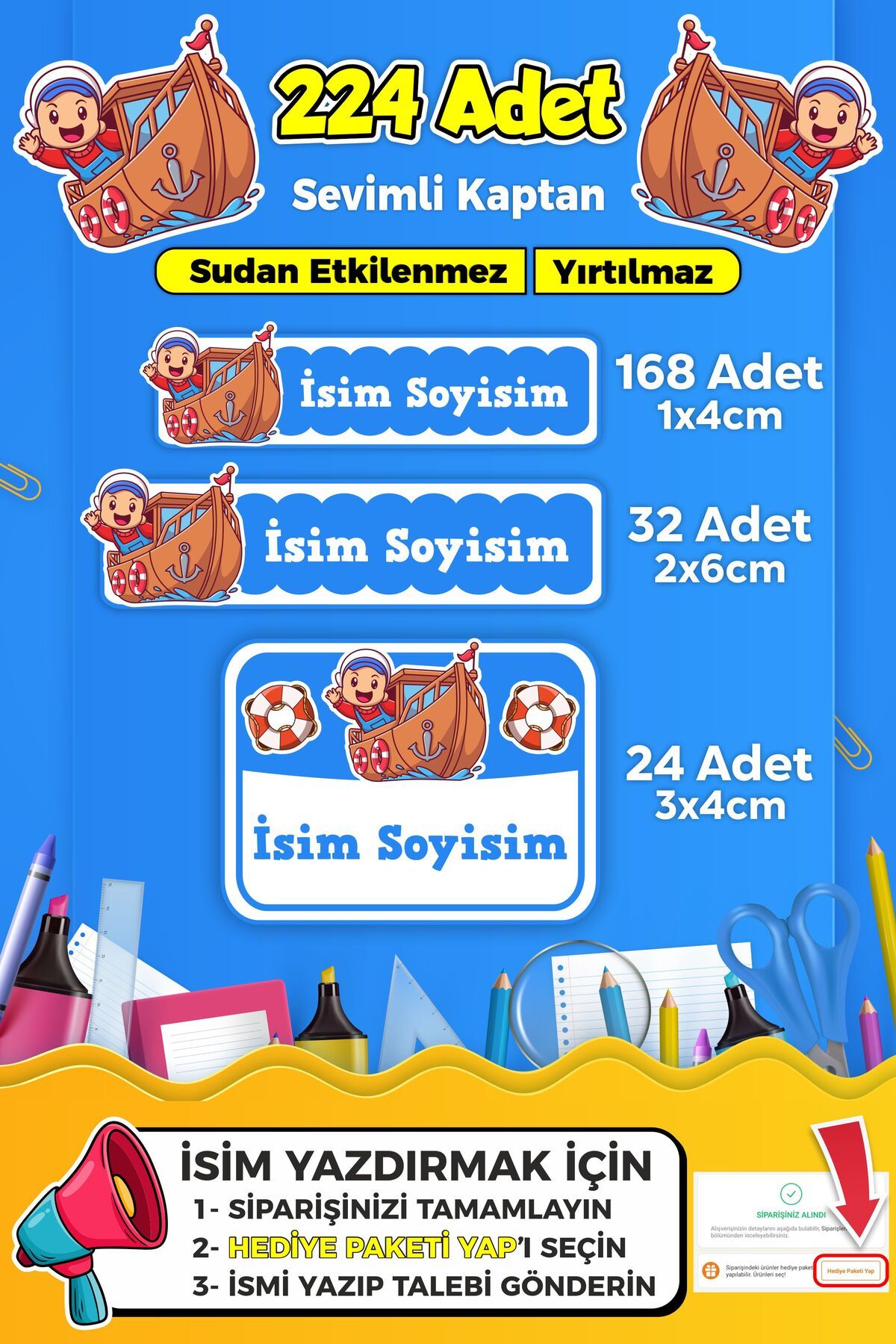SB store Sevimli Kaptan Temalı Okul Kreş Kişiye Özel İsim Etiket Seti - Model 333