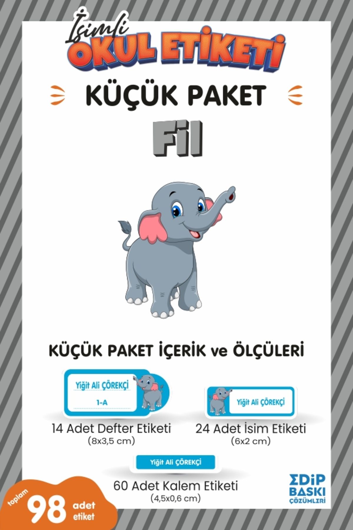 EDİP BASKI MERKEZİ İsimli okul etiketi FİL Defter, kitap ve kalem etiketi Küçük Paket