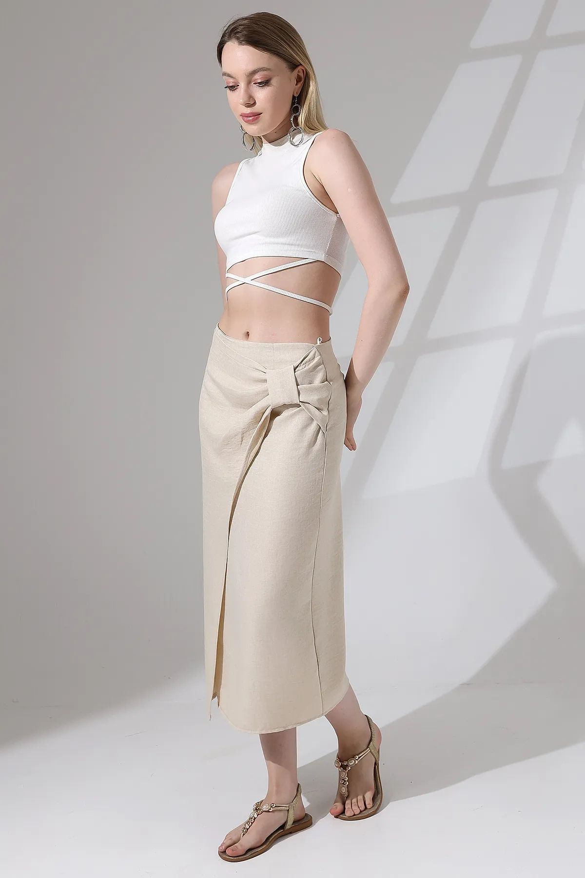 MODA Kadın Drape Detaylı Fermuarlı Yazlık Keten Etek