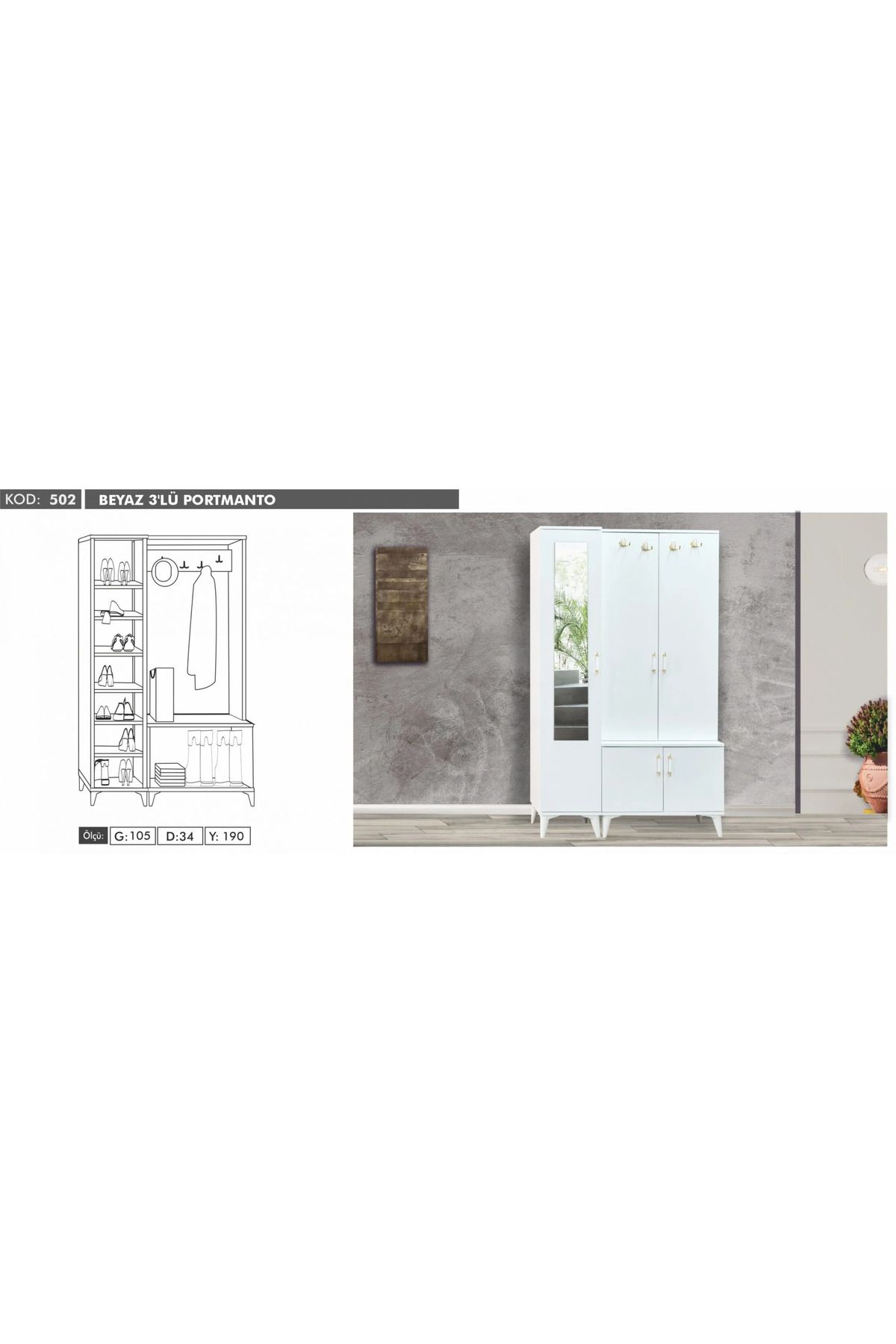 Yuvaset Home 3 Kapılı Aynalı Beyaz Portmanto