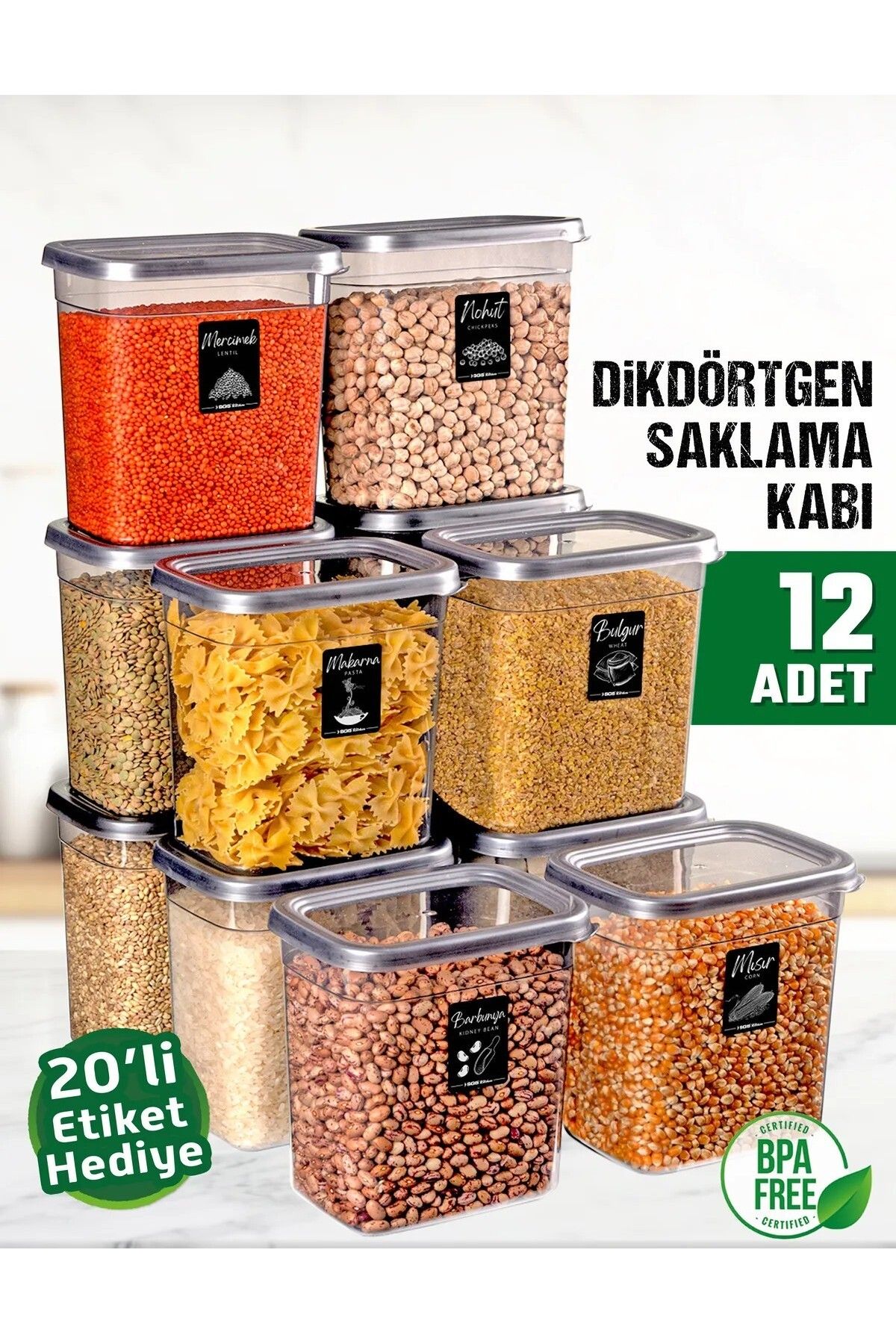 Guria Store 6 Adet 12 Parça 2 Litre Dikdörtgen Erzak Bakliyat Saklama Kabı Seti, 20 Etiket Hediyeli