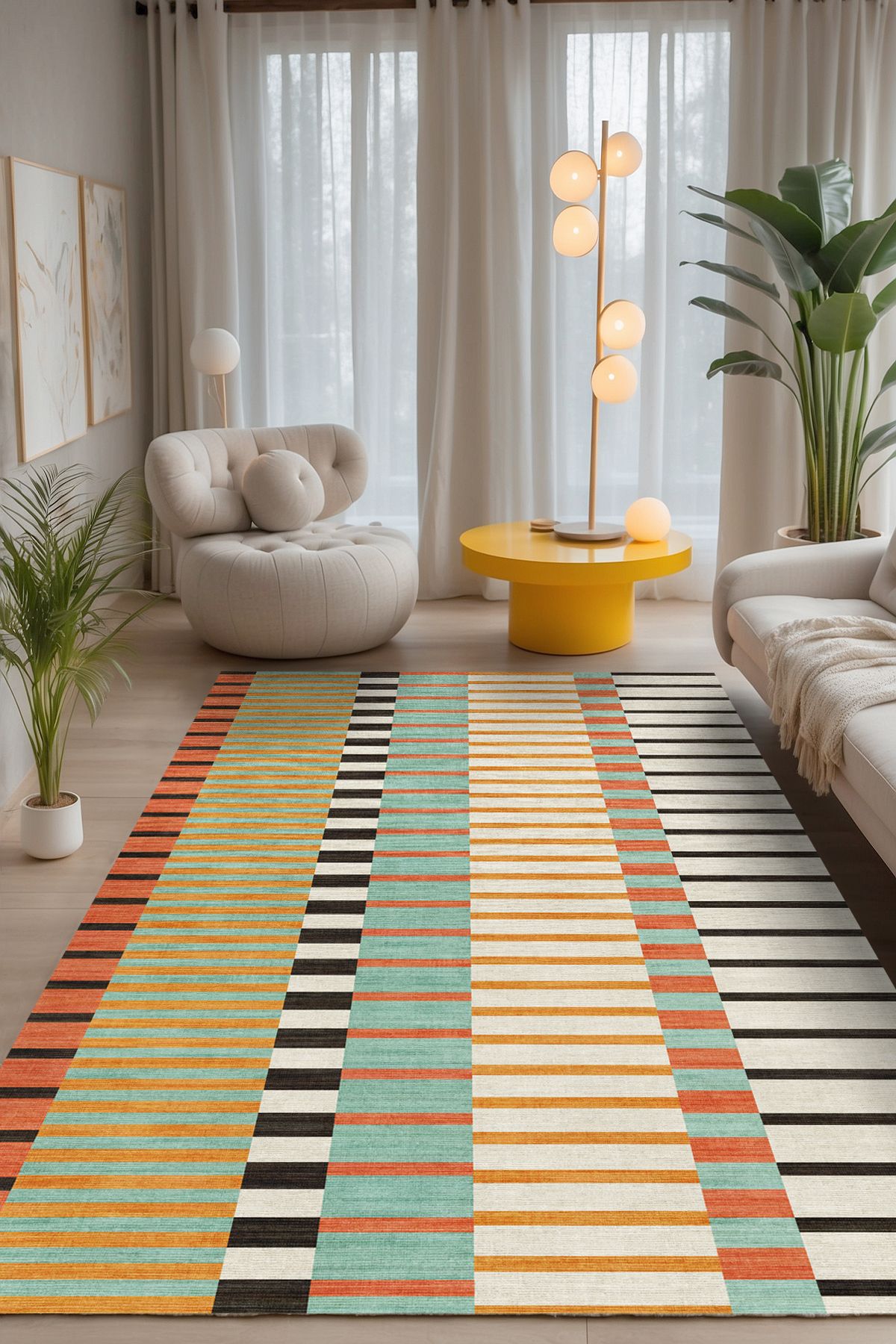 AIDA HOME Melesna Modern Desenli Pamuk Tabanlı Yıkanabilen Kaydırmaz Antibakteriyel Şönil Salon Halısı