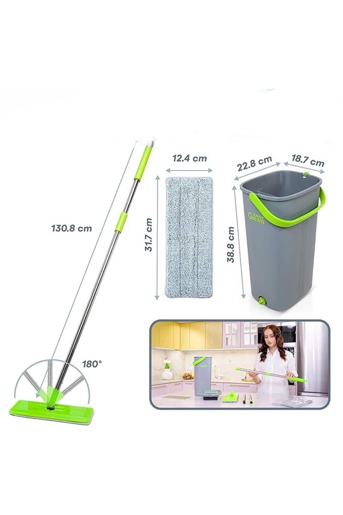 Easy Gleam-Set mop și găleată, mop plat, mâner din oțel inoxidabil, găleată cu două compartimente pentru utilizare umedă și uscată, 1 buc. de rezervă 5